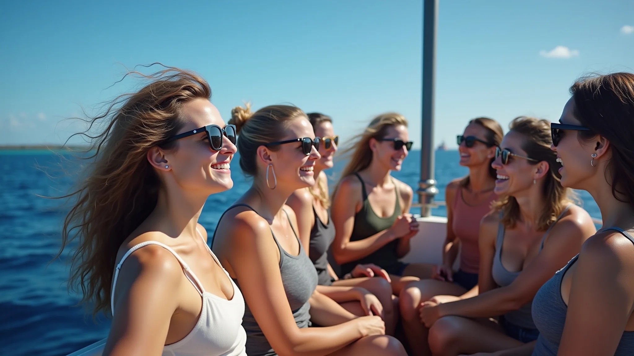 Grupo diverso de mulheres em passeio de barco nas Ilhas Galápagos.