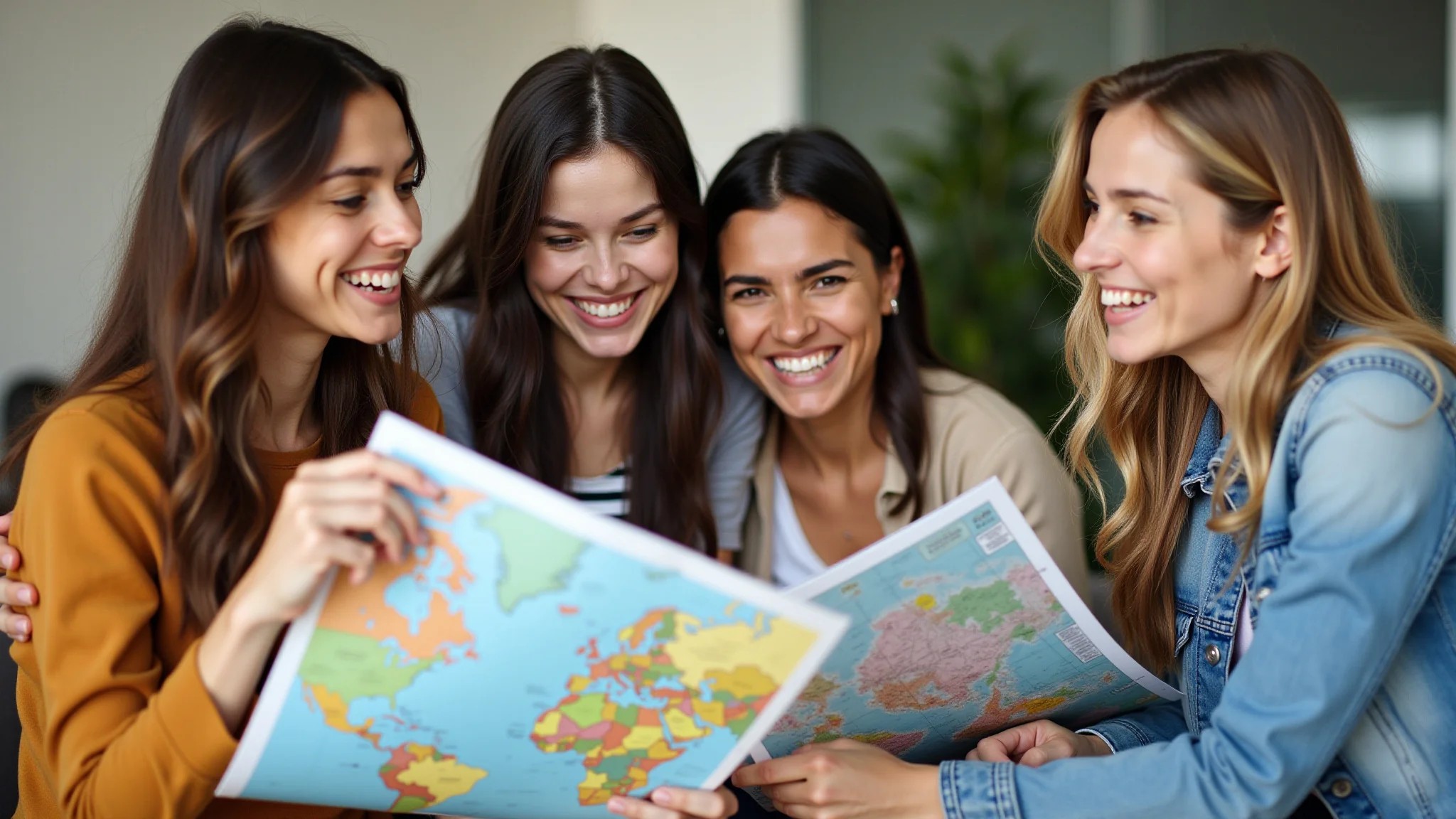 Grupo diverso de mulheres planejando intercâmbio, com mapas e guias de viagem.