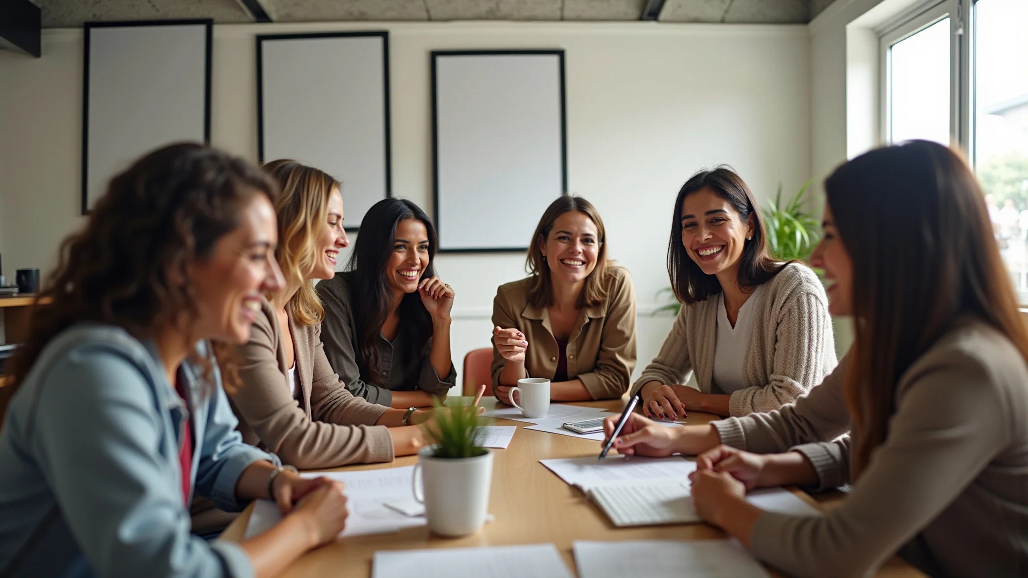 Mulheres diversas trabalhando em coworking moderno em Curitiba.