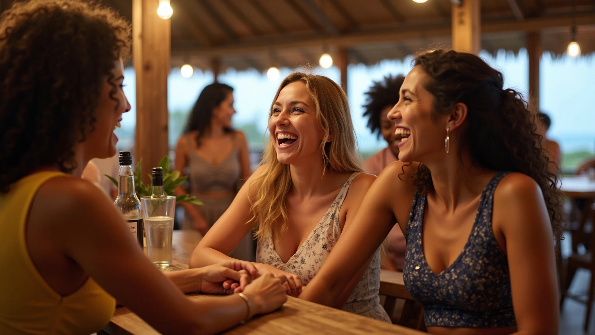 Grupo de mulheres diversas socializando em bar de resort all inclusive no Nordeste.