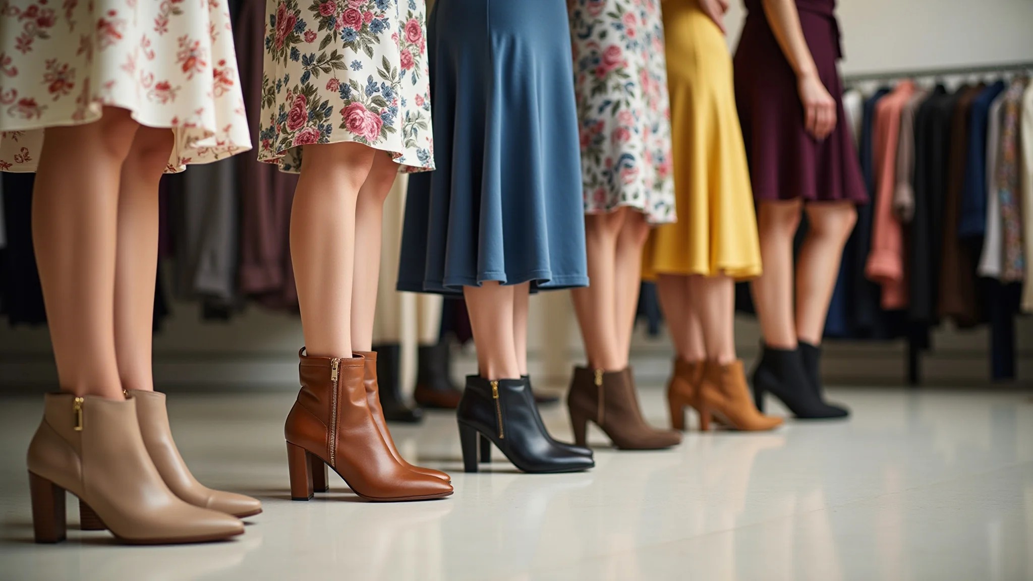 Grupo diverso de mulheres experimentando botas de cano curto com vestidos em boutique iluminada.