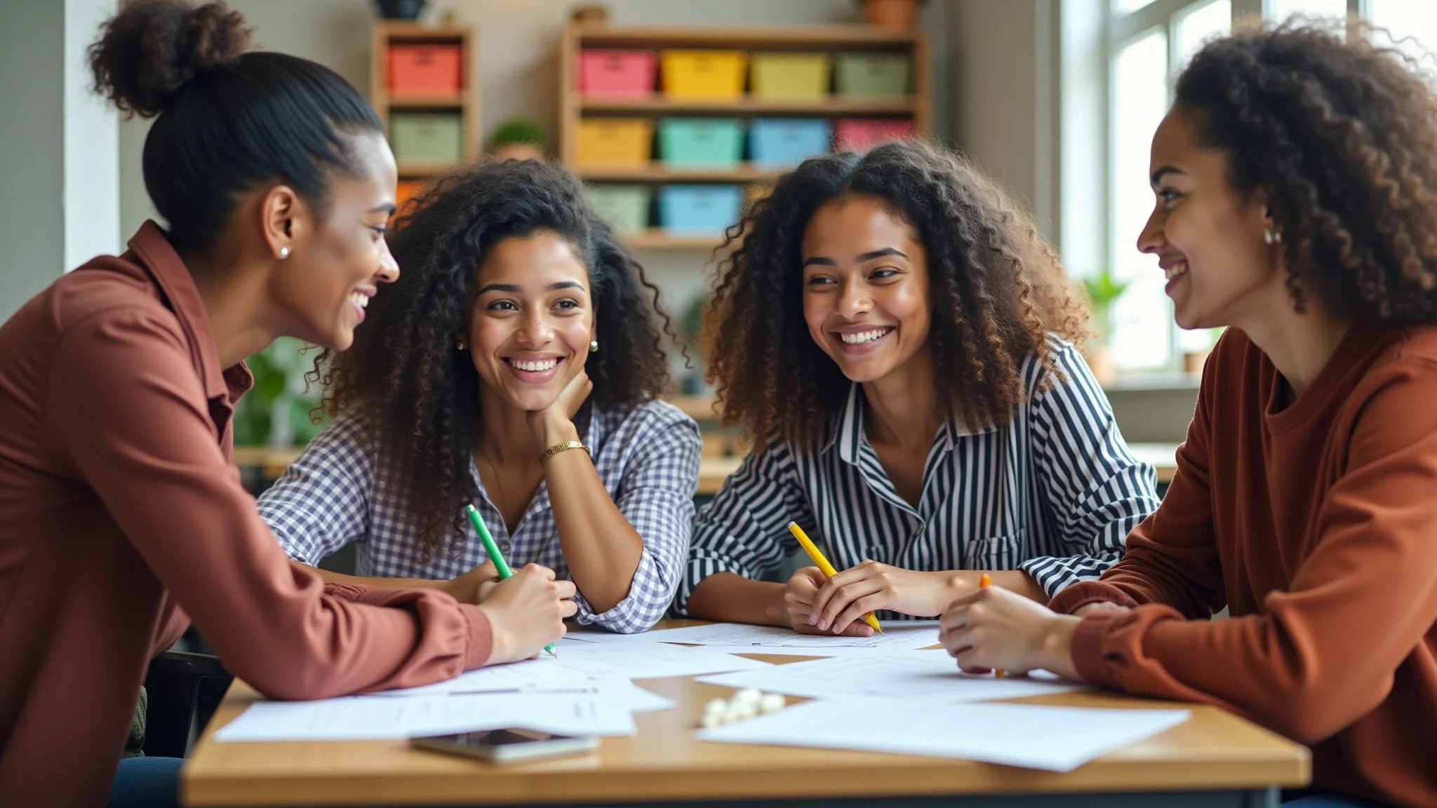 Grupo diverso de jovens criando estratégias de marketing digital para moda em espaço de coworking.