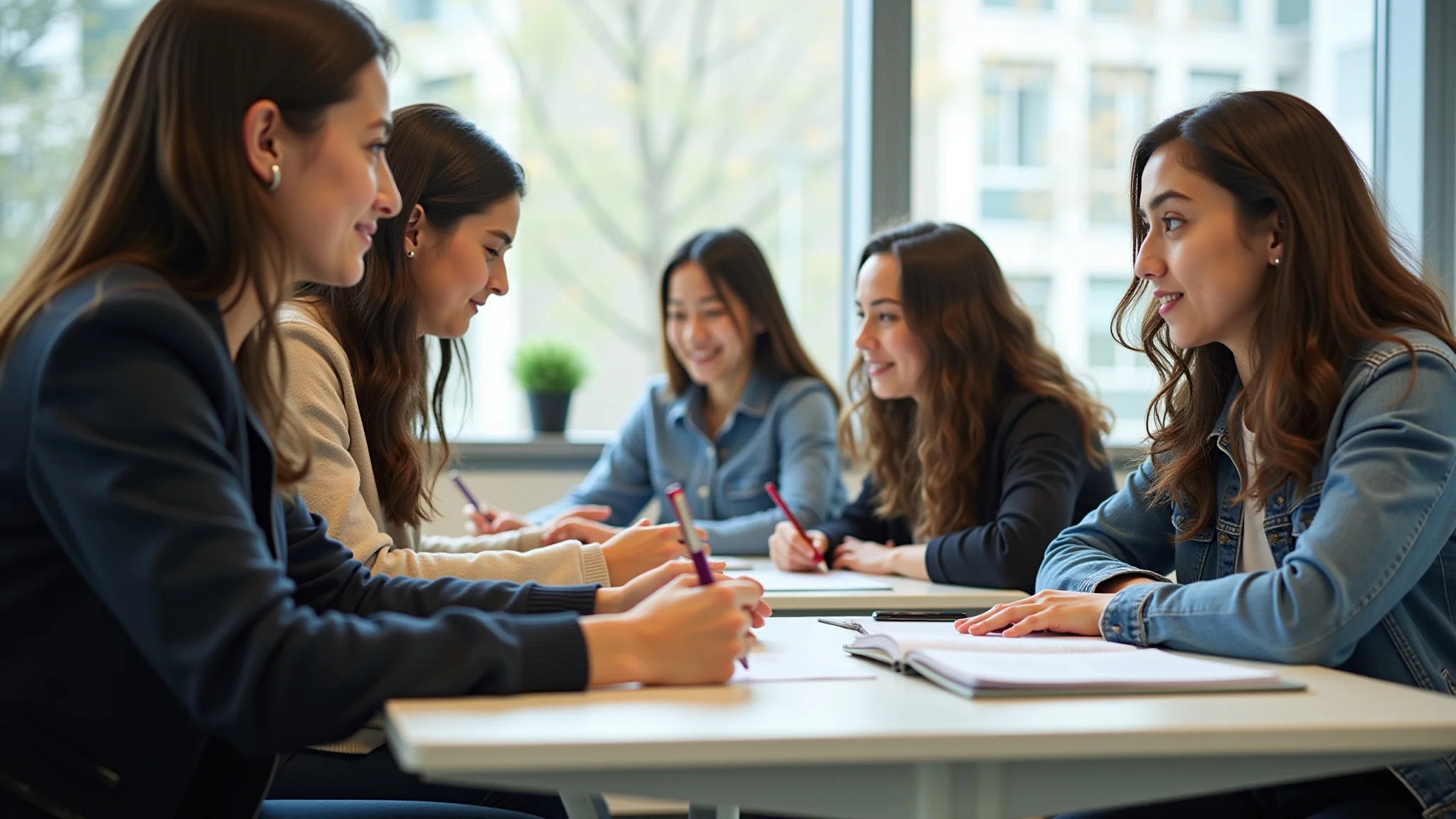 Grupo diverso de mulheres estudando inglês em Vancouver, Canadá.
