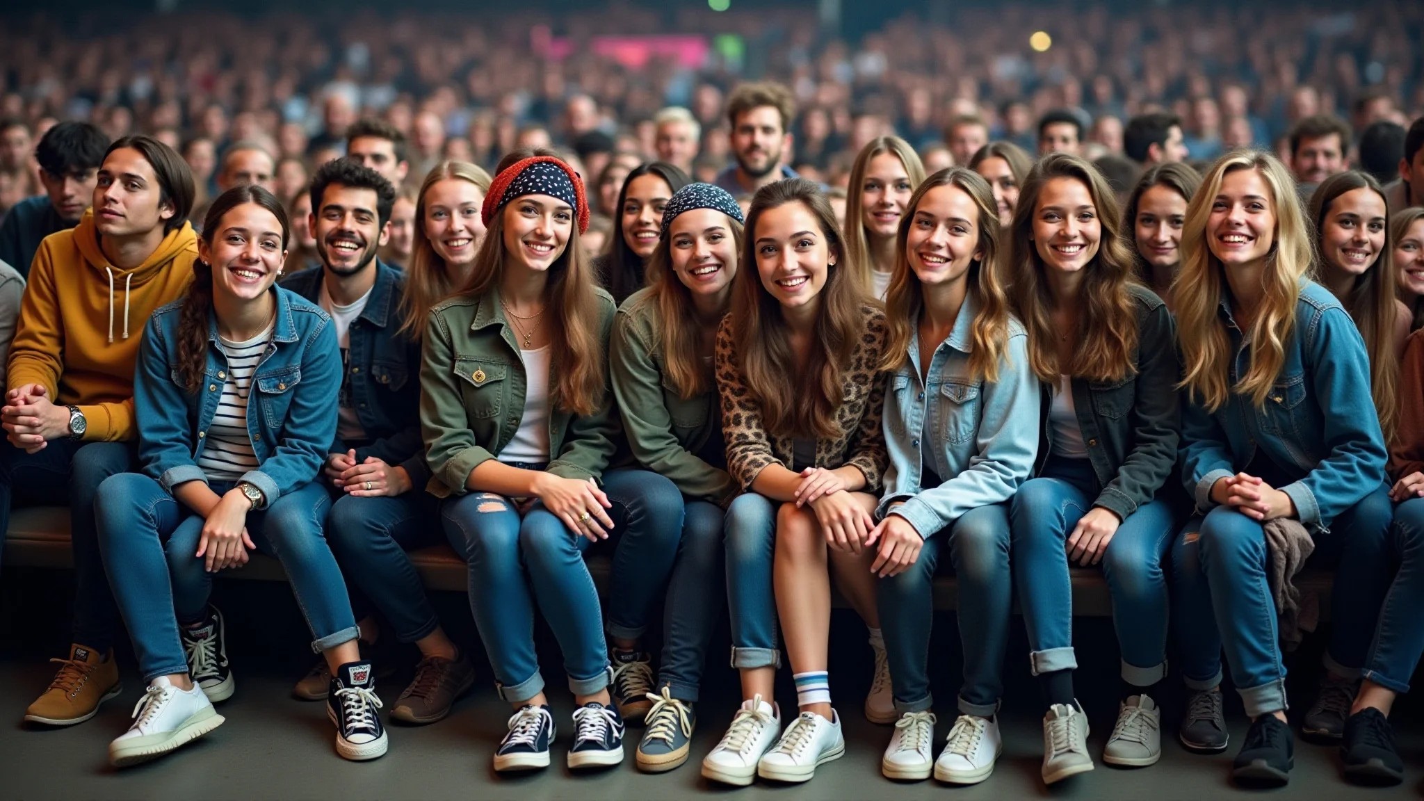 Grupo diverso de jovens adultos em show de rock com roupas confortáveis e estilosas.