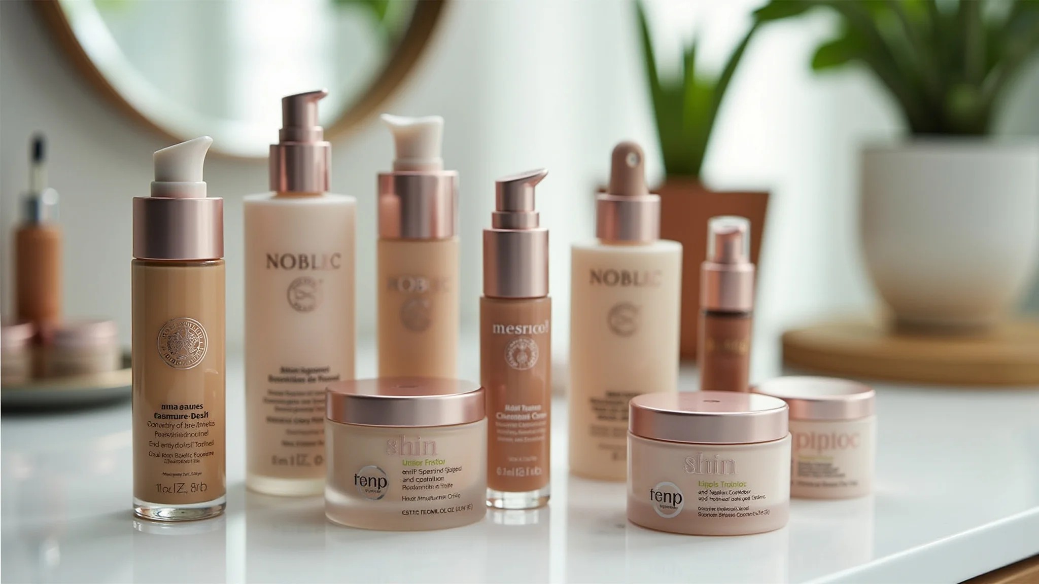 Seleção de produtos de maquiagem para pele madura, com foco em hidratação e tons naturais.