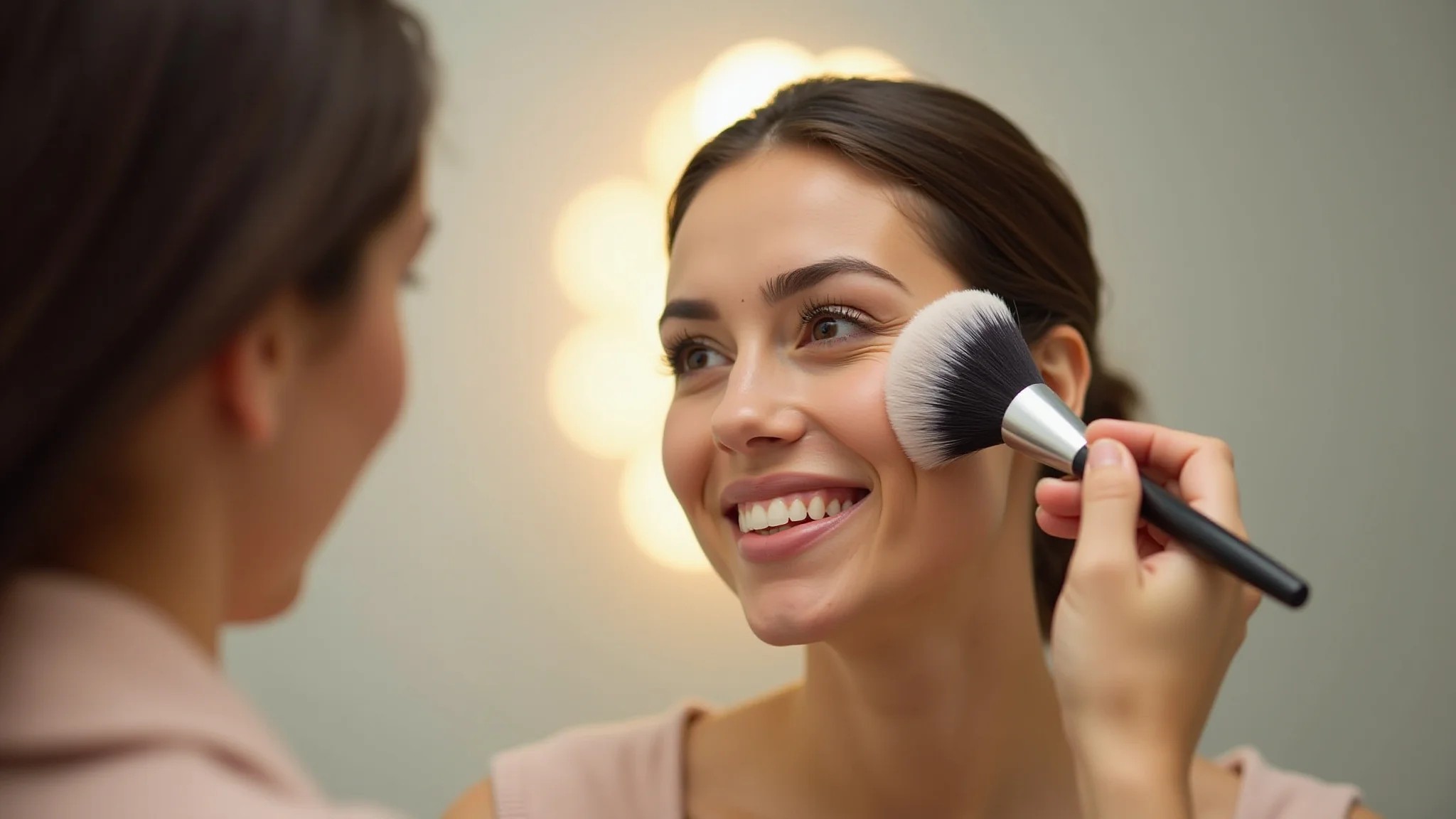 Pincel duo fiber aplicando base para um look natural e leve.