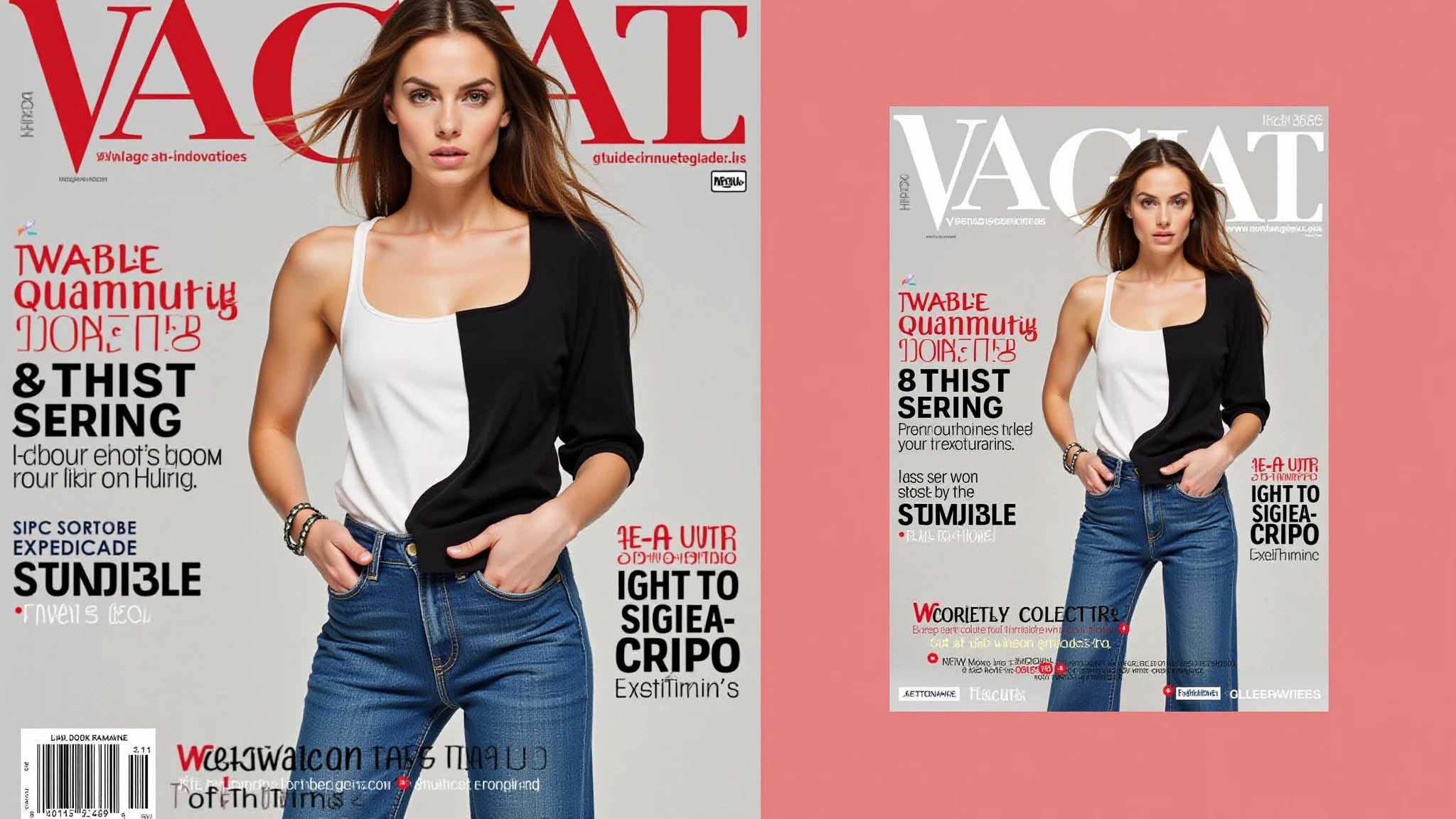 Capa de revista de moda com modelo usando calça de cintura baixa, estilo anos 2000.
