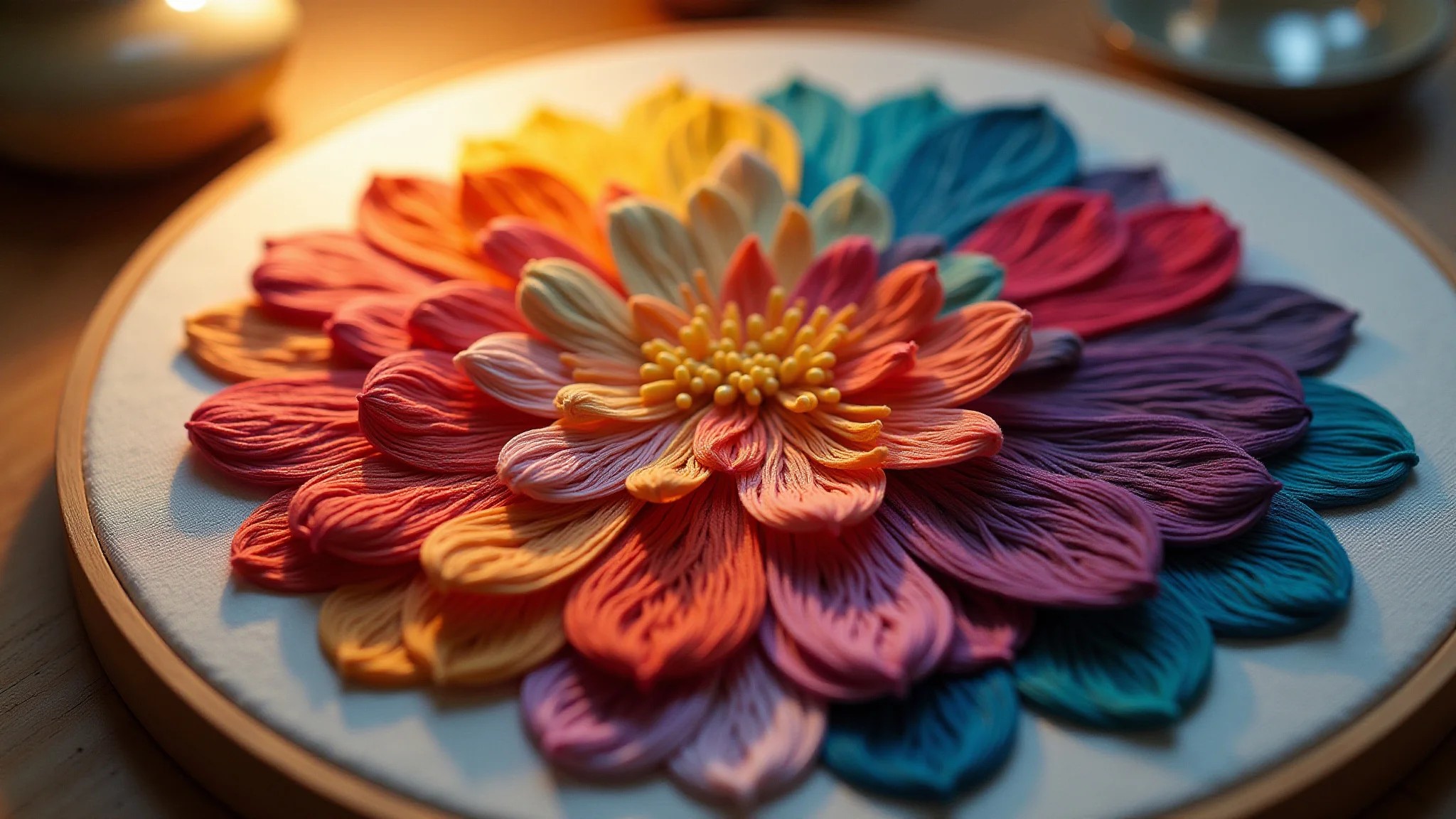 Bordado finalizado com a técnica 'Ponto Cheio', mostrando pétalas de flores coloridas e iluminação suave.