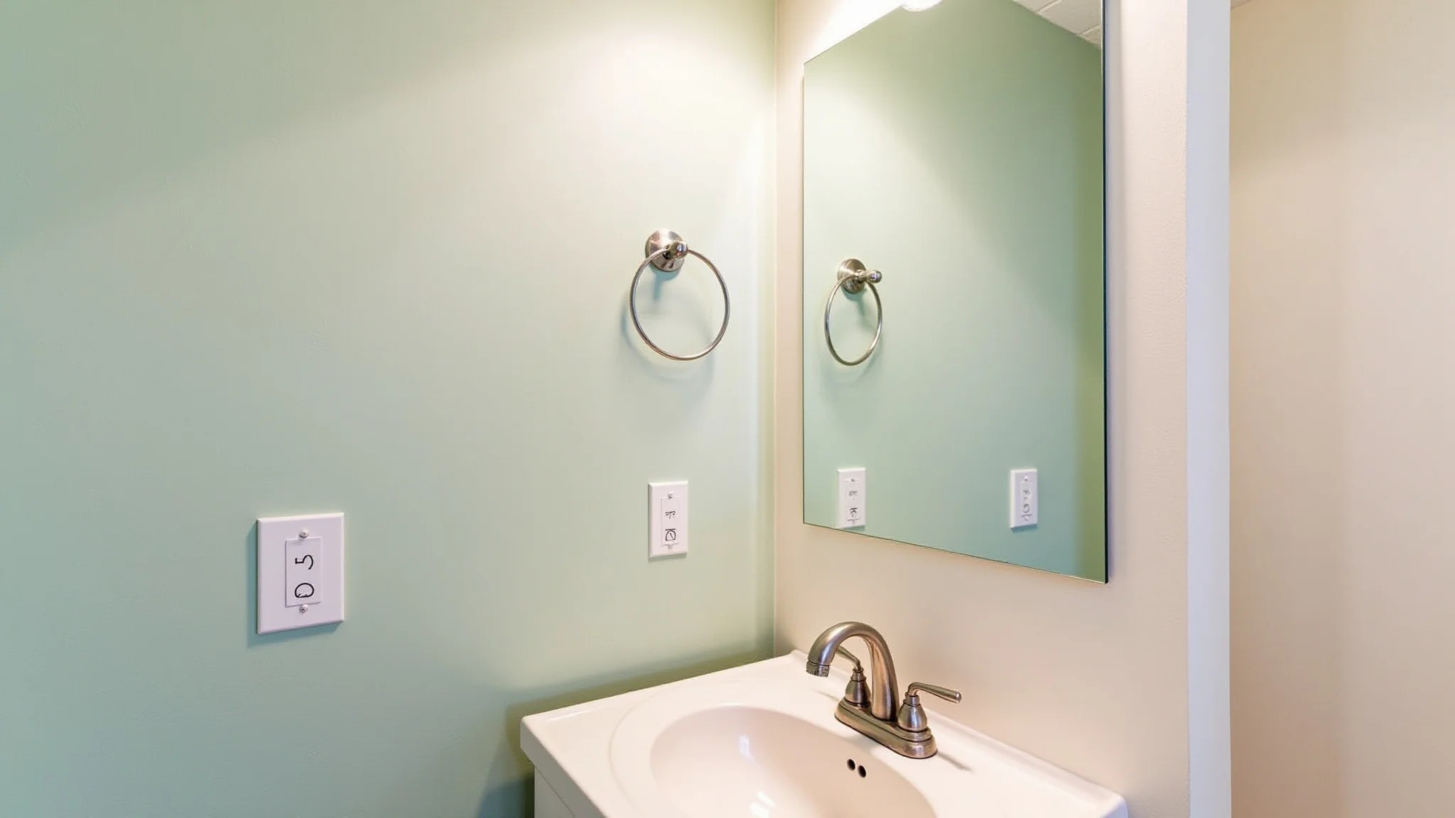 Banheiro recém-pintado em tons pastel, com design clean e moderno.