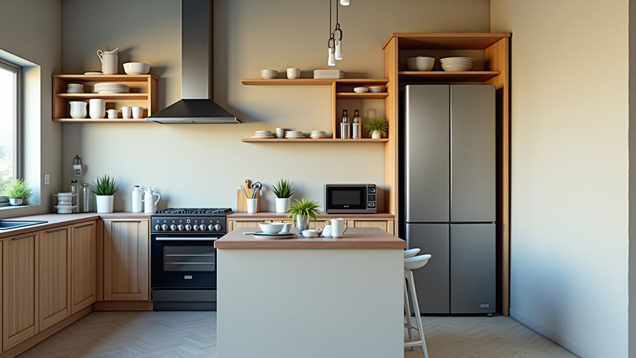 Layout funcional de cozinha com triângulo de trabalho eficiente.