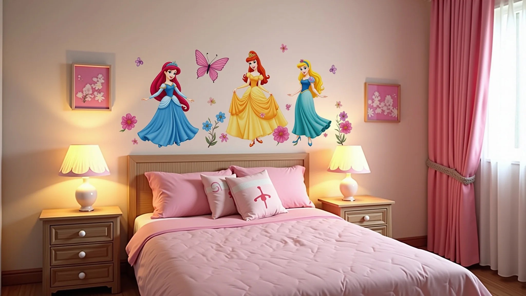Quarto de menina decorado com adesivos de parede de princesas.