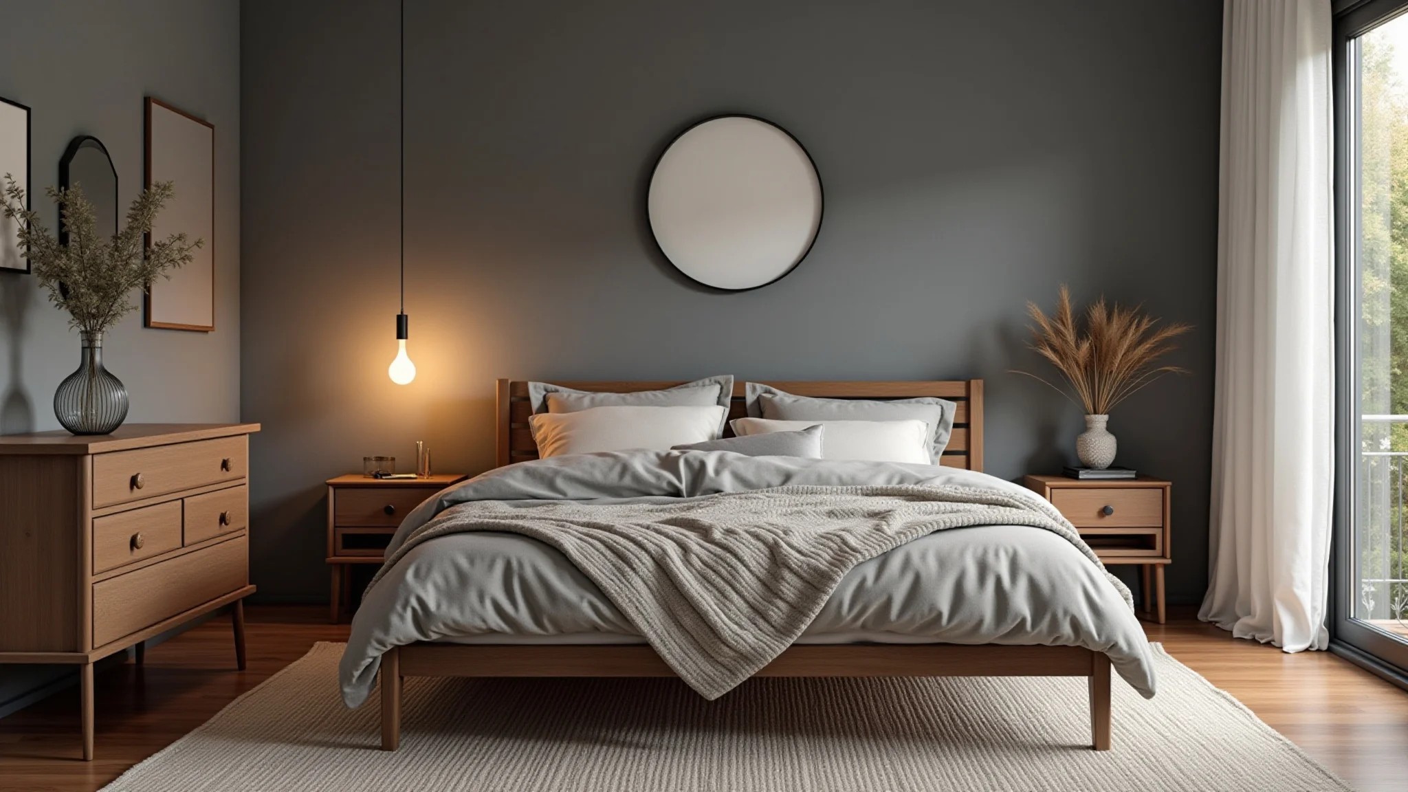 Quarto cinza com móveis de madeira, iluminação quente e tapete aconchegante.
