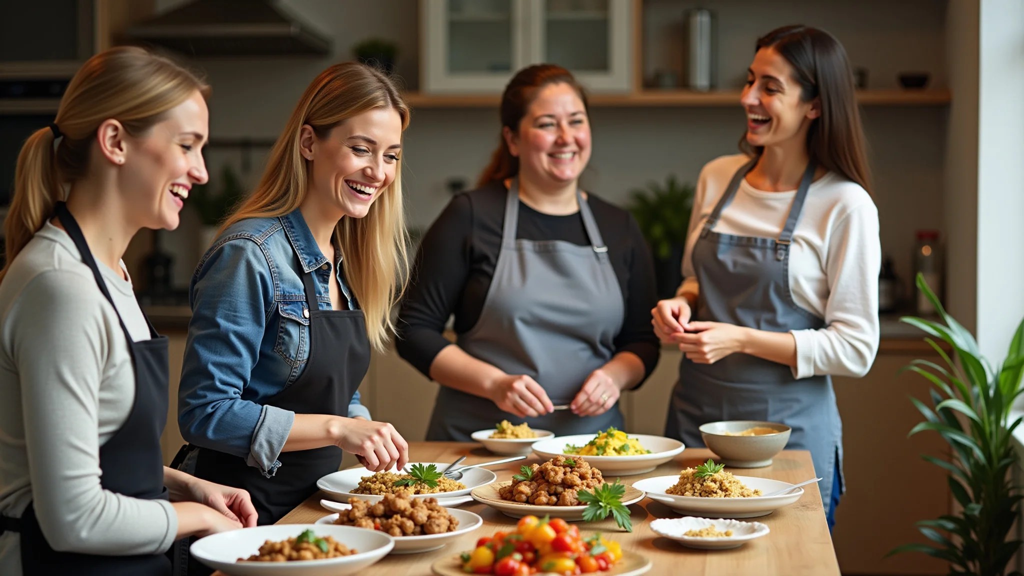Grupo de mulheres diversas rindo e aproveitando uma aula de culinária turca.