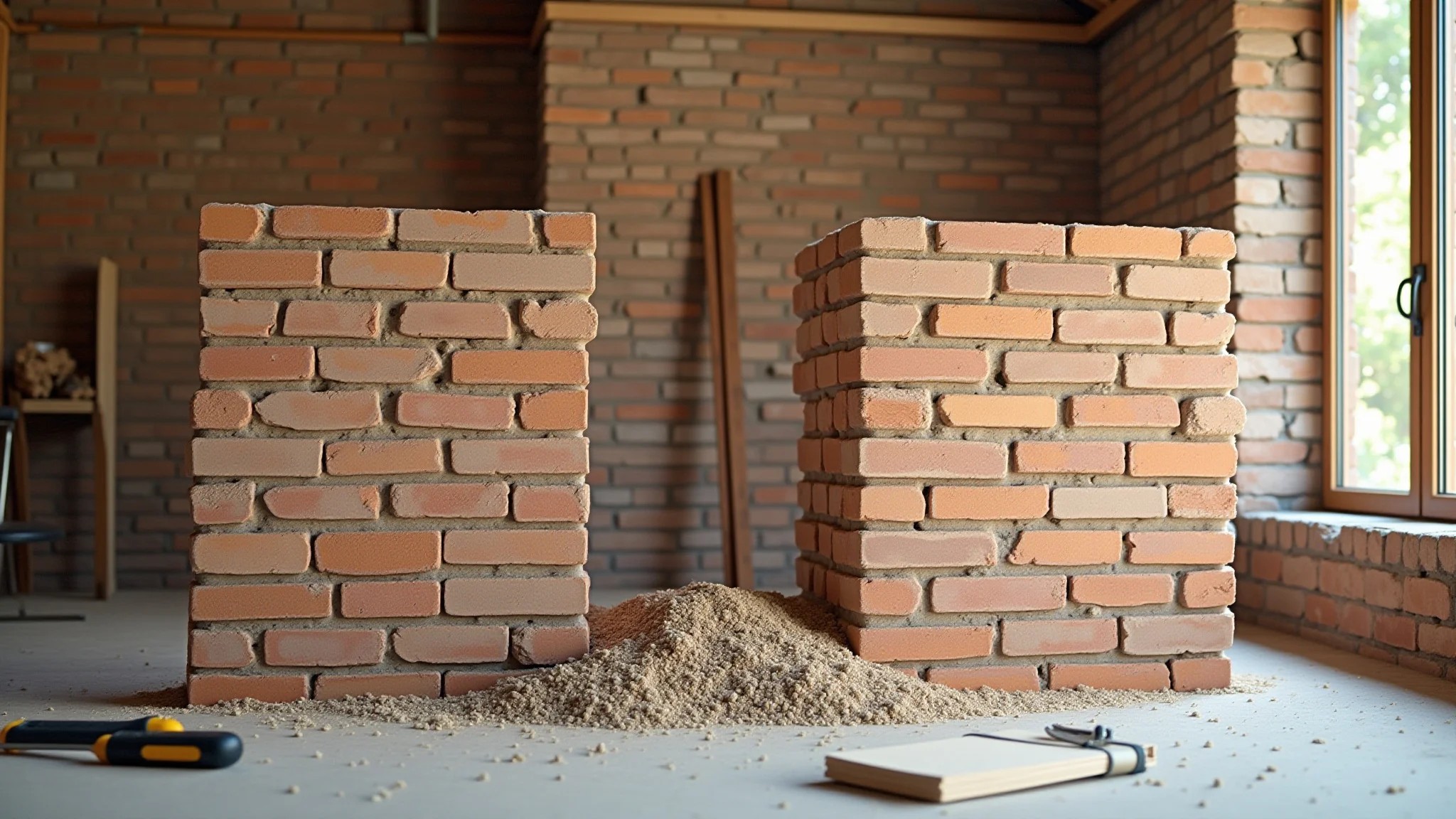 Parede de tijolos ecológicos em construção, mostrando o processo.