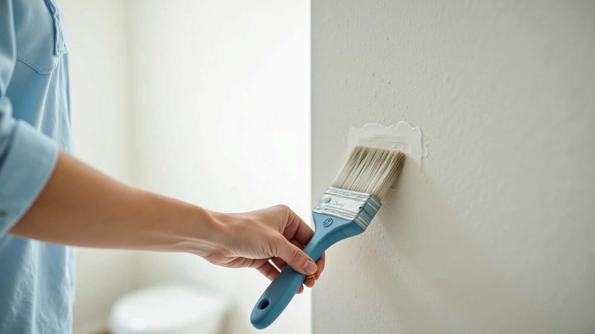 Mão aplicando tinta antimofo em parede de banheiro com pincel.