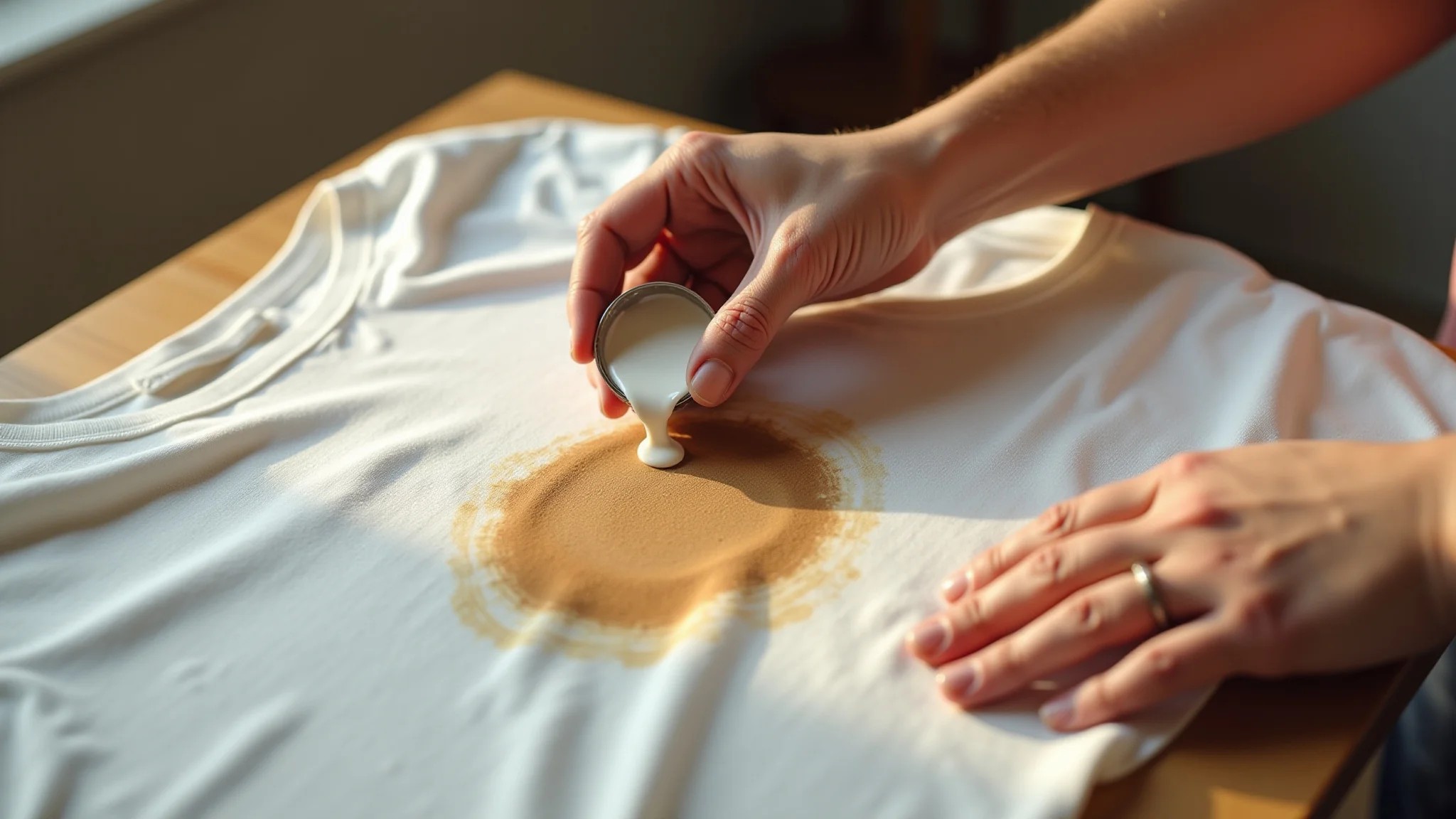 Pasta de bicarbonato sendo aplicada em mancha antiga de café em camiseta.