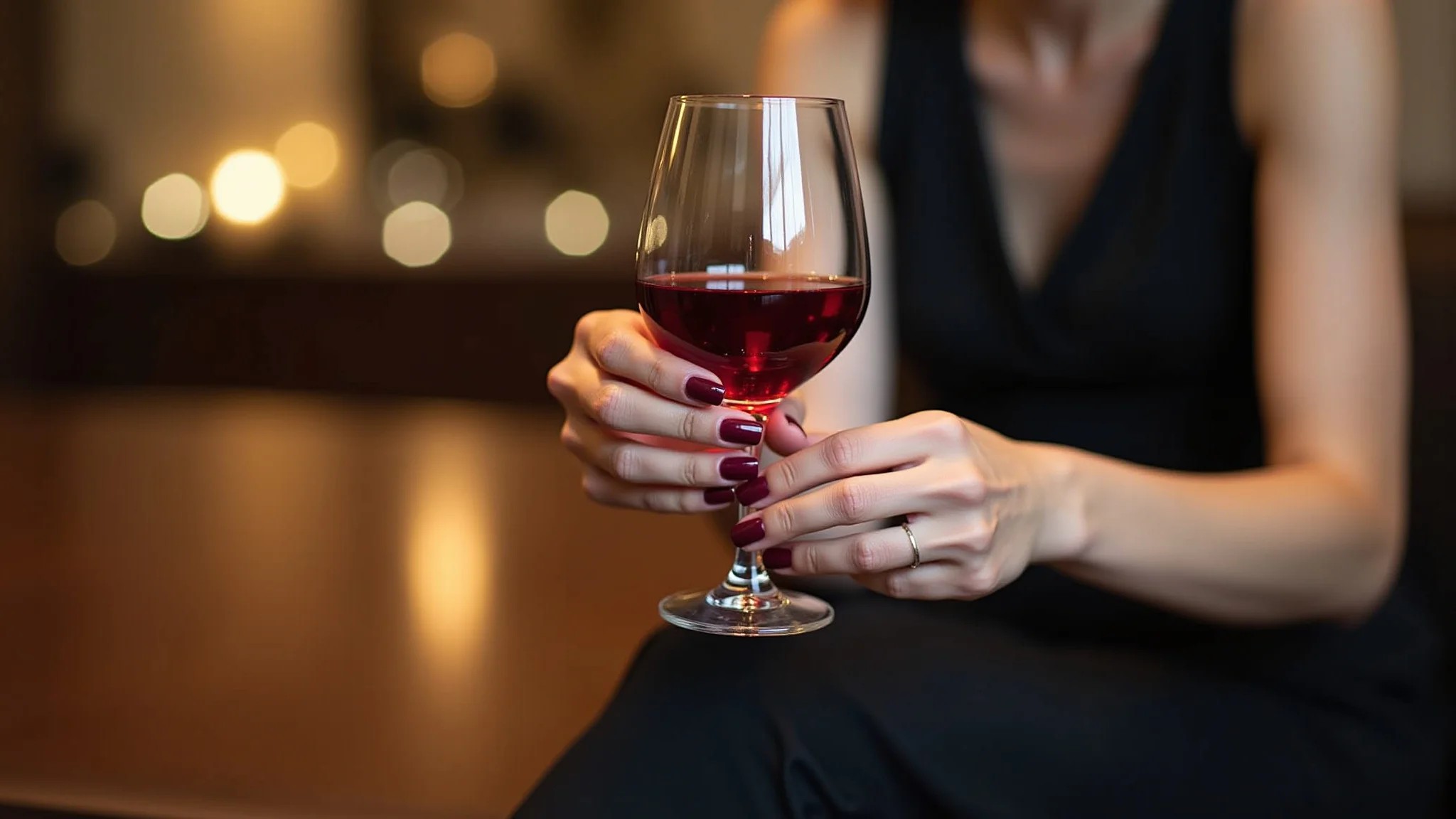 Mão segurando taça de vinho tinto com unhas pintadas no mesmo tom.
