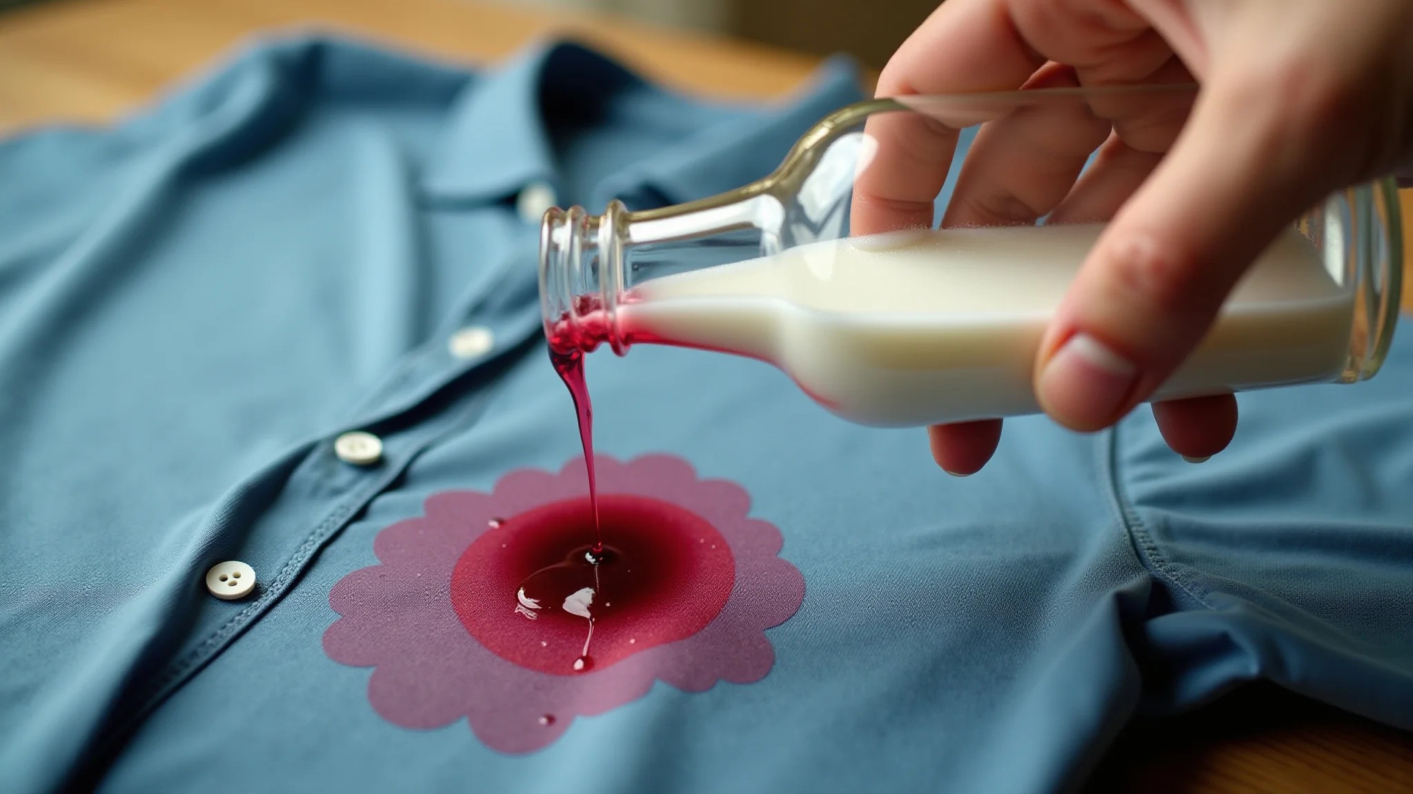 Vinagre branco sendo derramado sobre mancha de vinho tinto em camisa azul.
