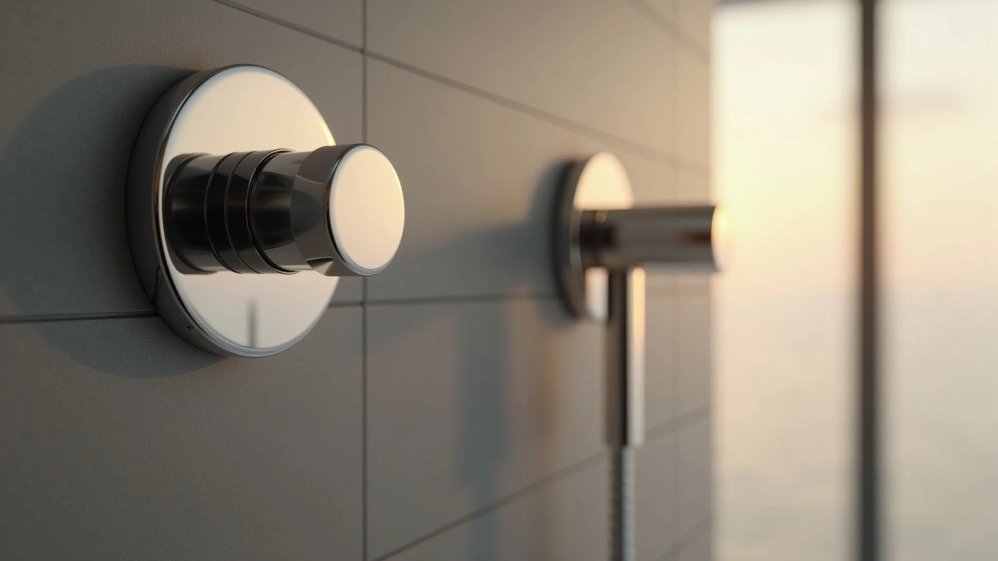 Válvula de chuveiro Deca cromada instalada em banheiro moderno com iluminação suave.