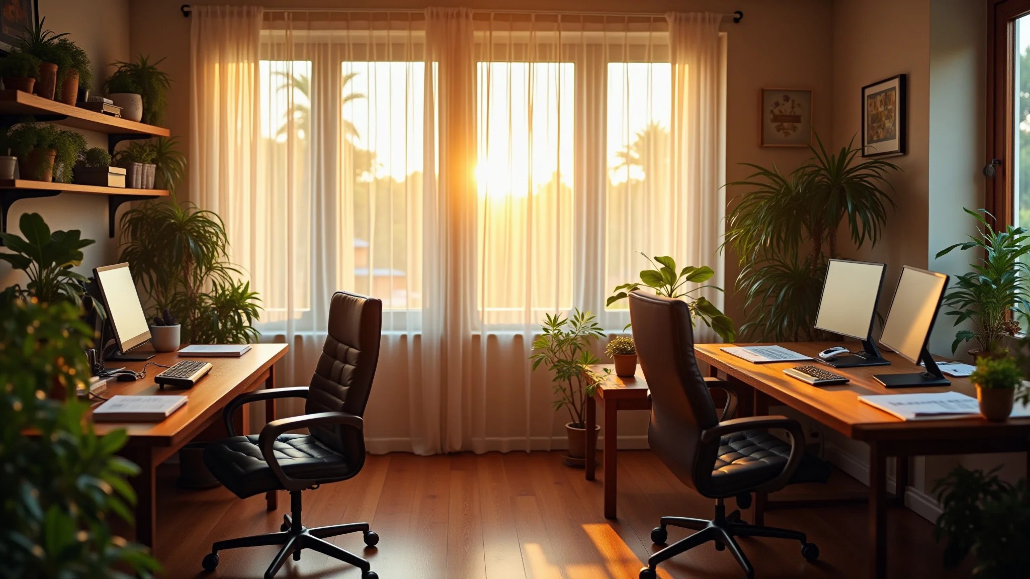 Home office com mesas perto da janela, luz natural suave, plantas e cortinas leves em estilo brasileiro.
