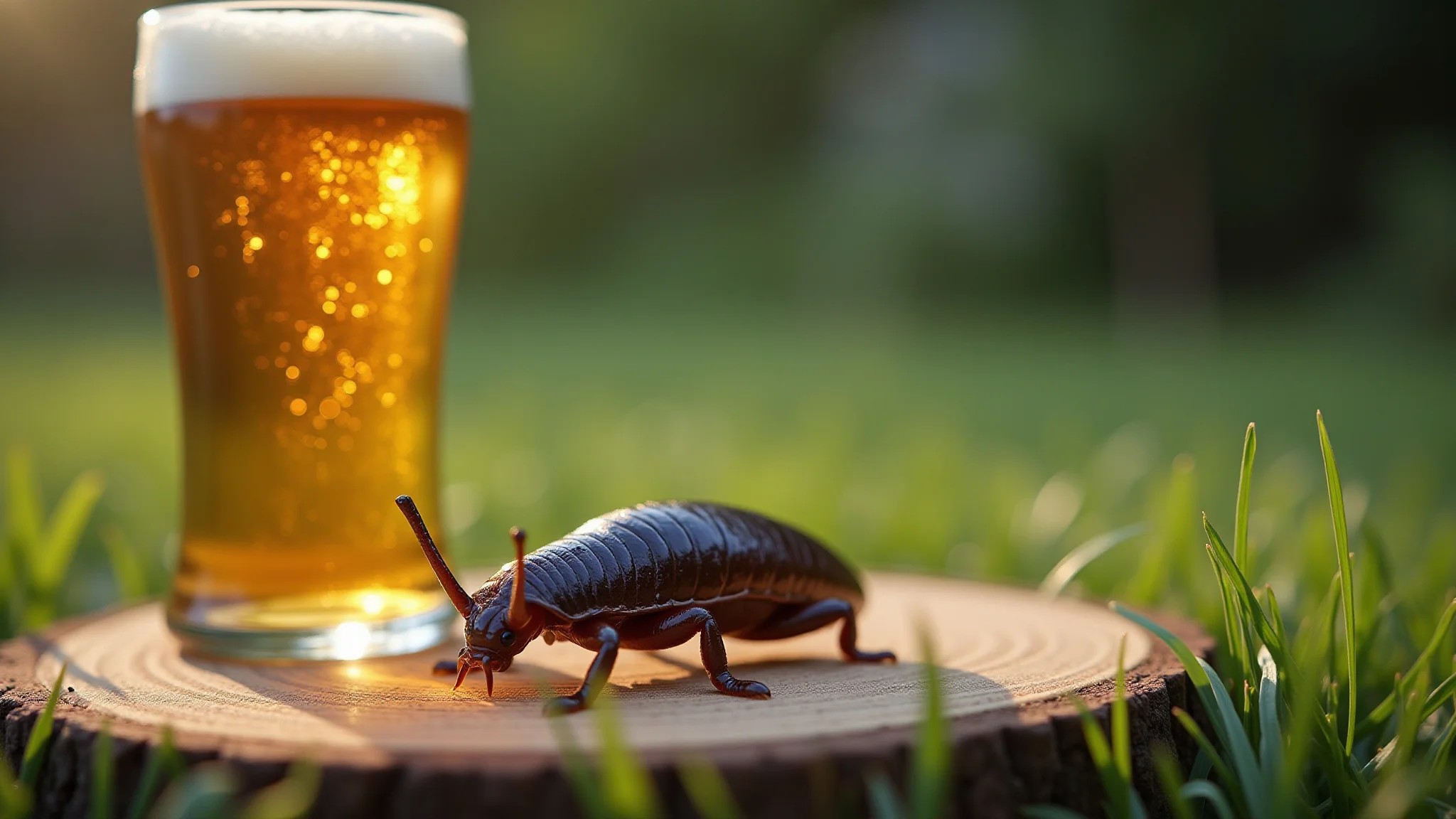 Armadilha caseira para lesmas com cerveja em um jardim ensolarado.