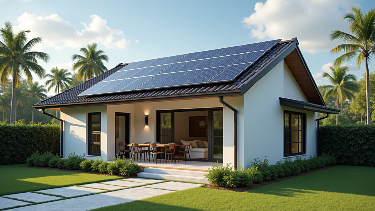 Casa com painéis solares no telhado.