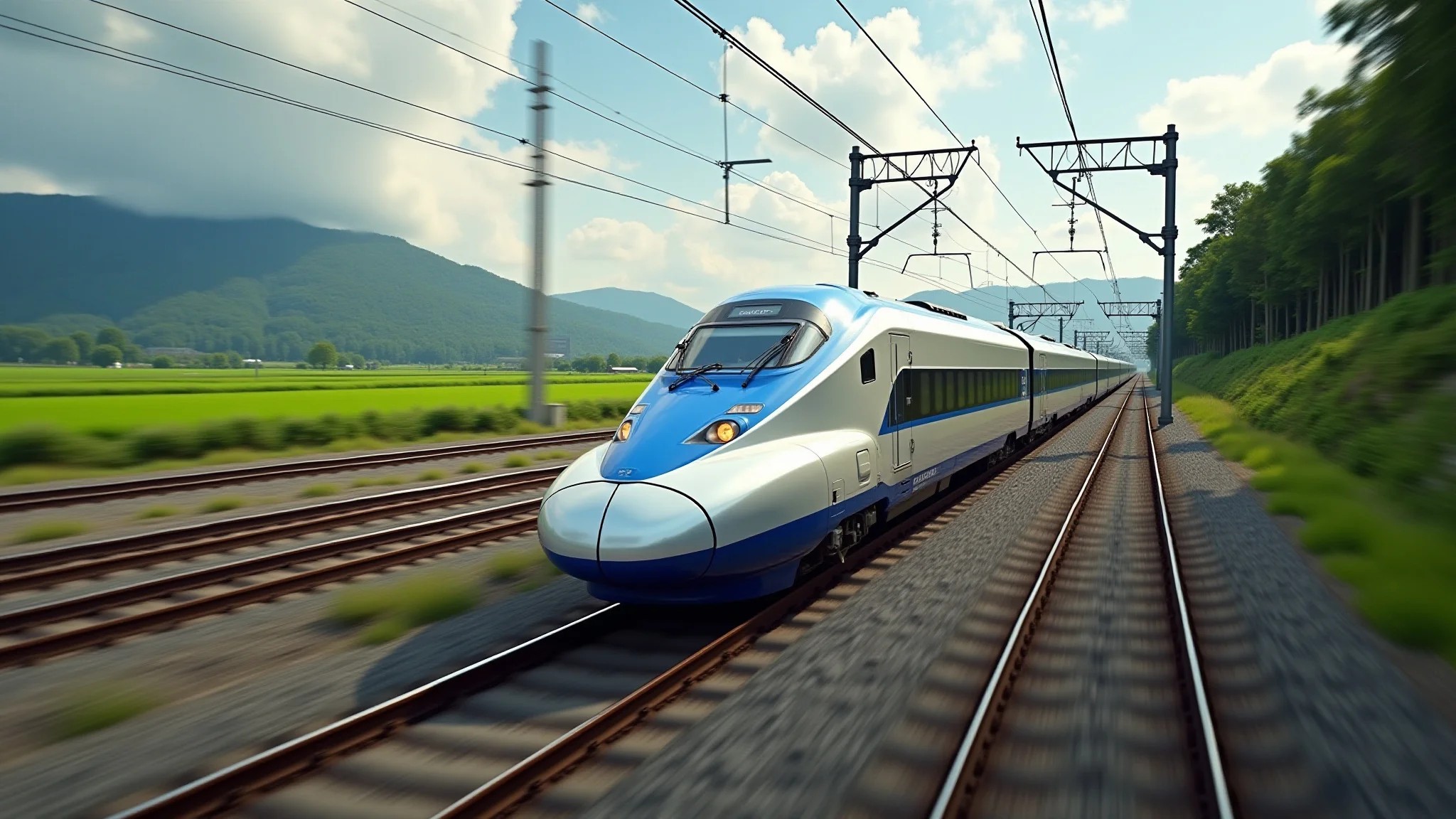 Trem-bala japonês (Shinkansen) em alta velocidade pela paisagem campestre.