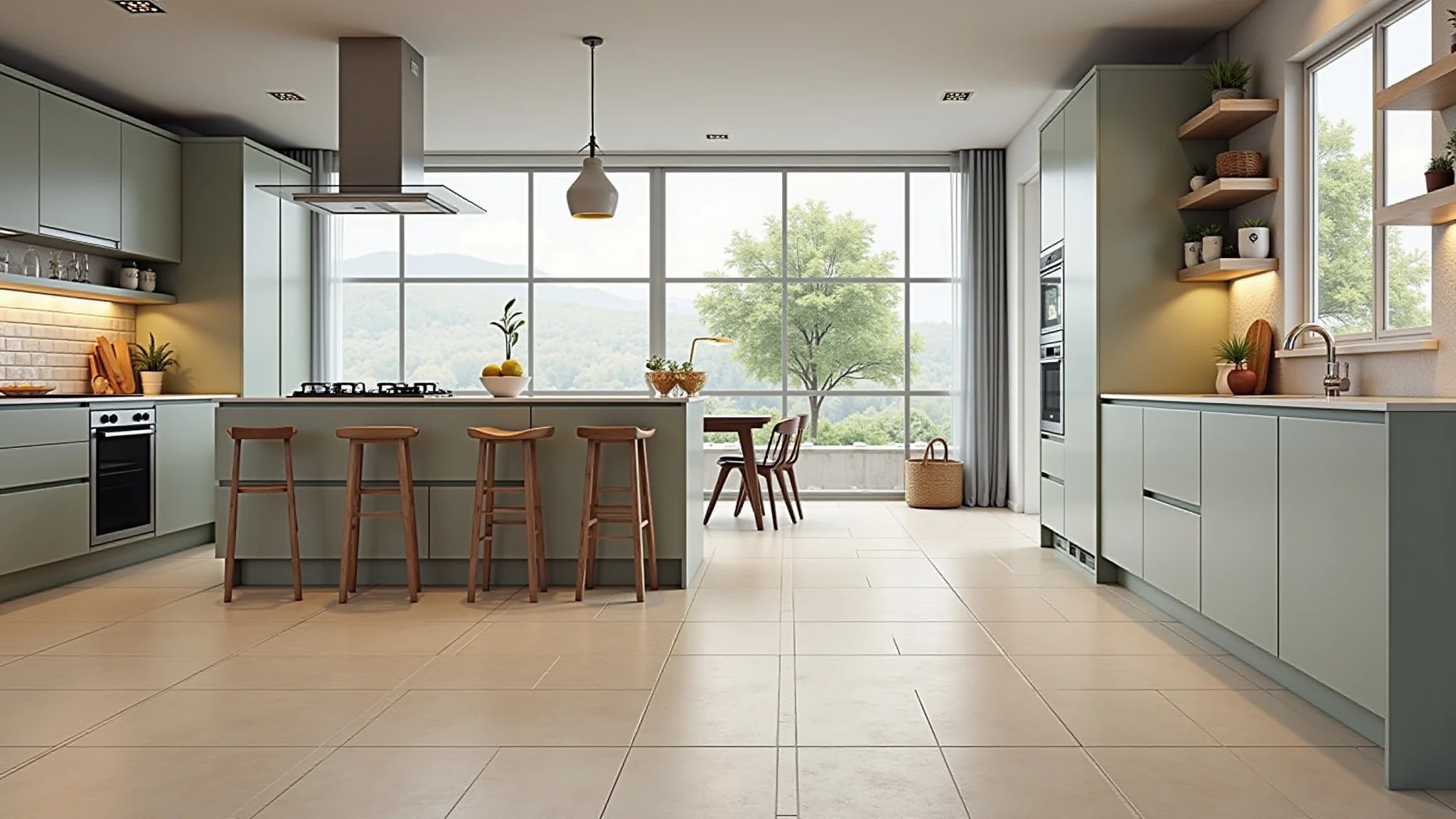 Cozinha com piso de porcelanato líquido epóxi, fácil de limpar e cores vibrantes.