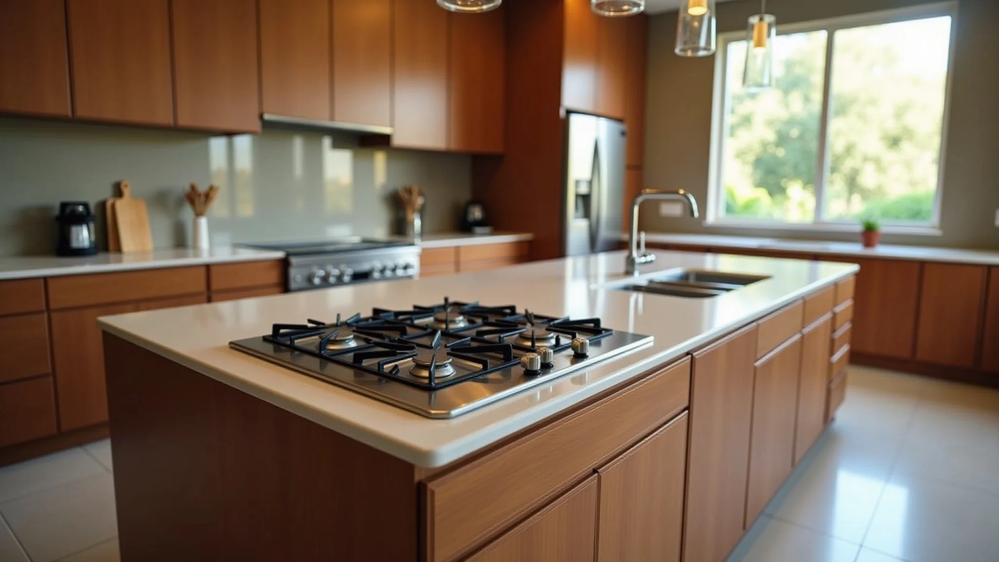 Ilha de cozinha com cooktop a gás e pia dupla, armários de madeira.