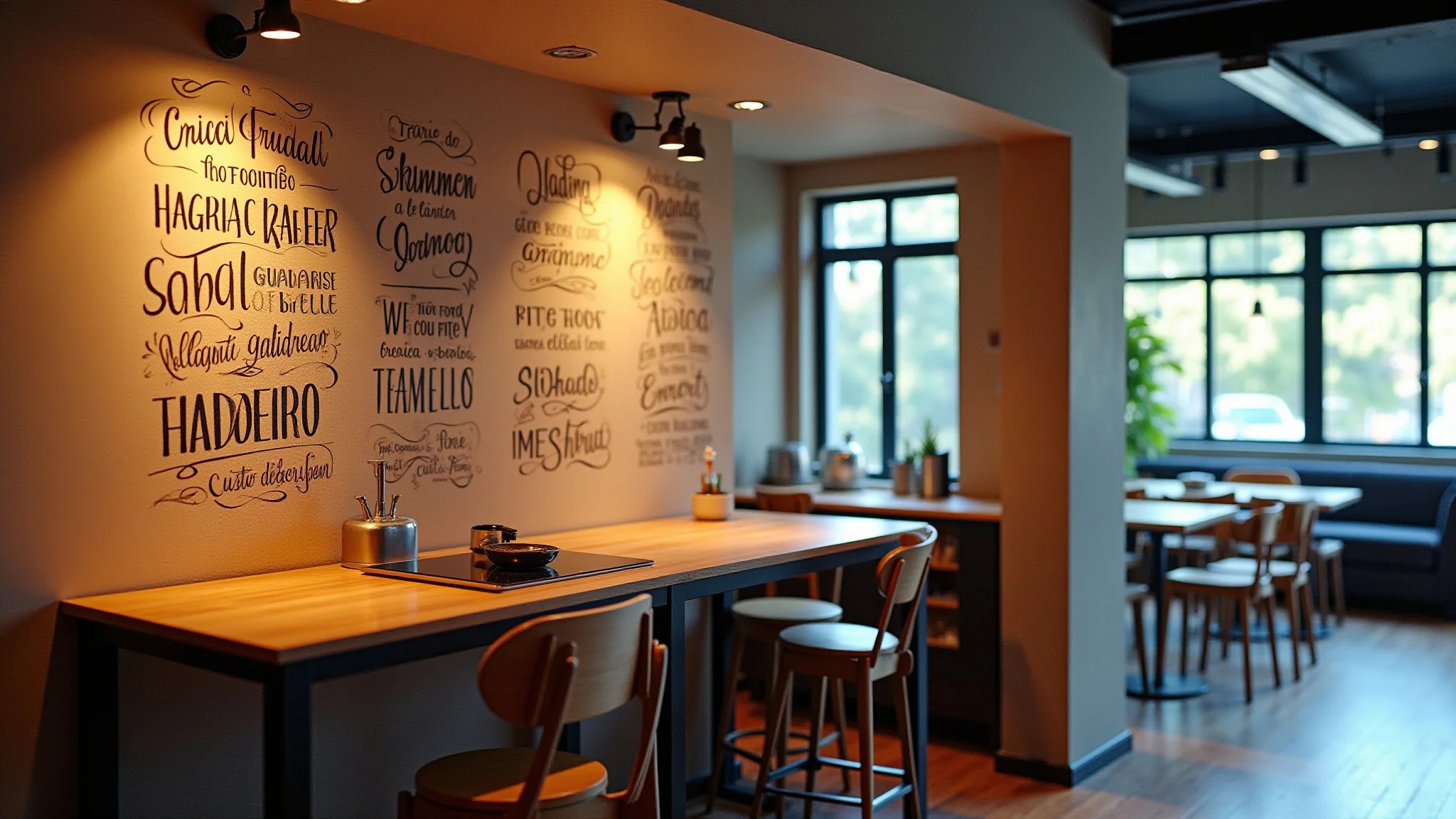 Cozinha com parede decorada com lettering e frases sobre comida.