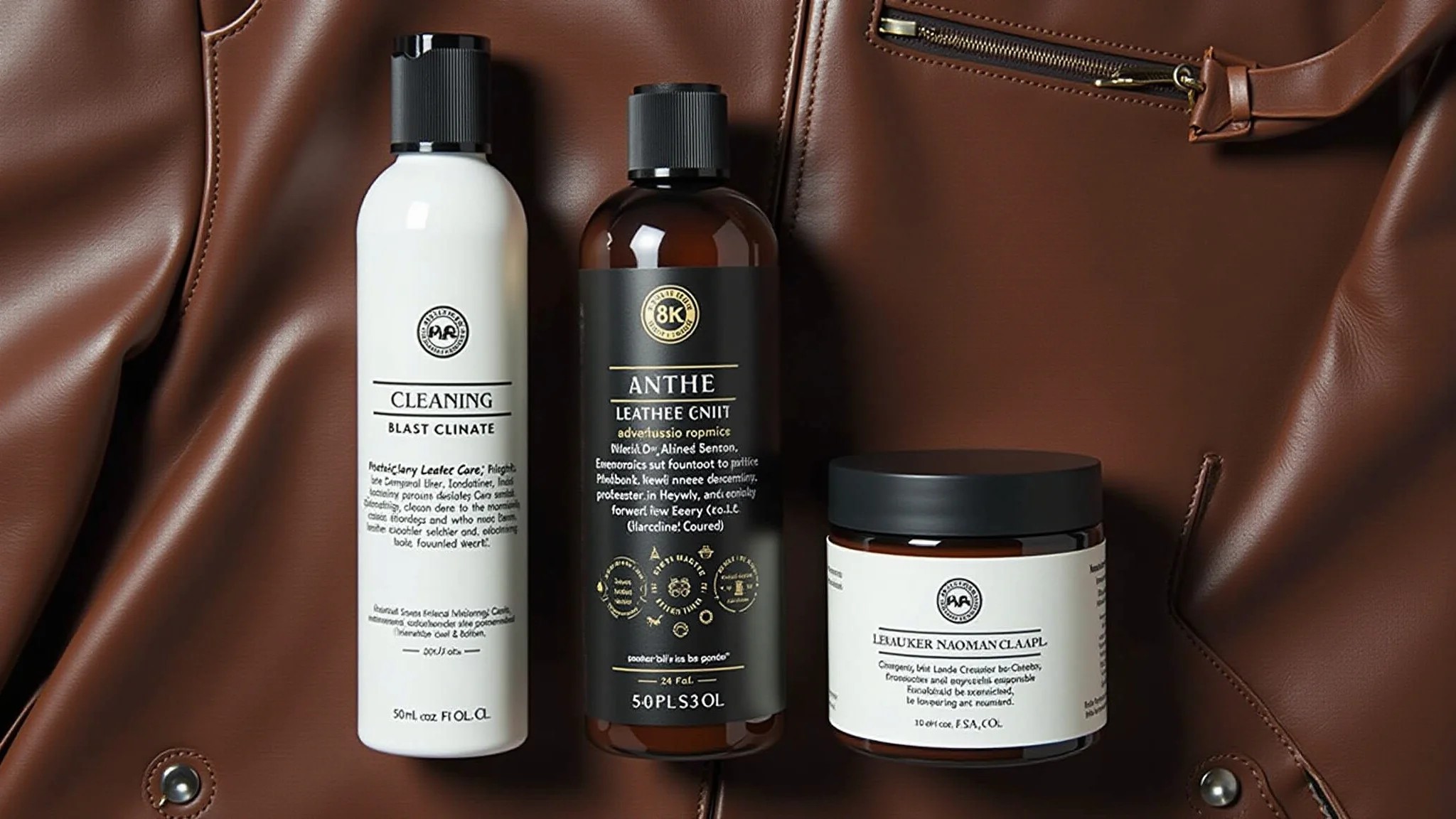Kit de cuidados para jaqueta de couro com produtos de limpeza.
