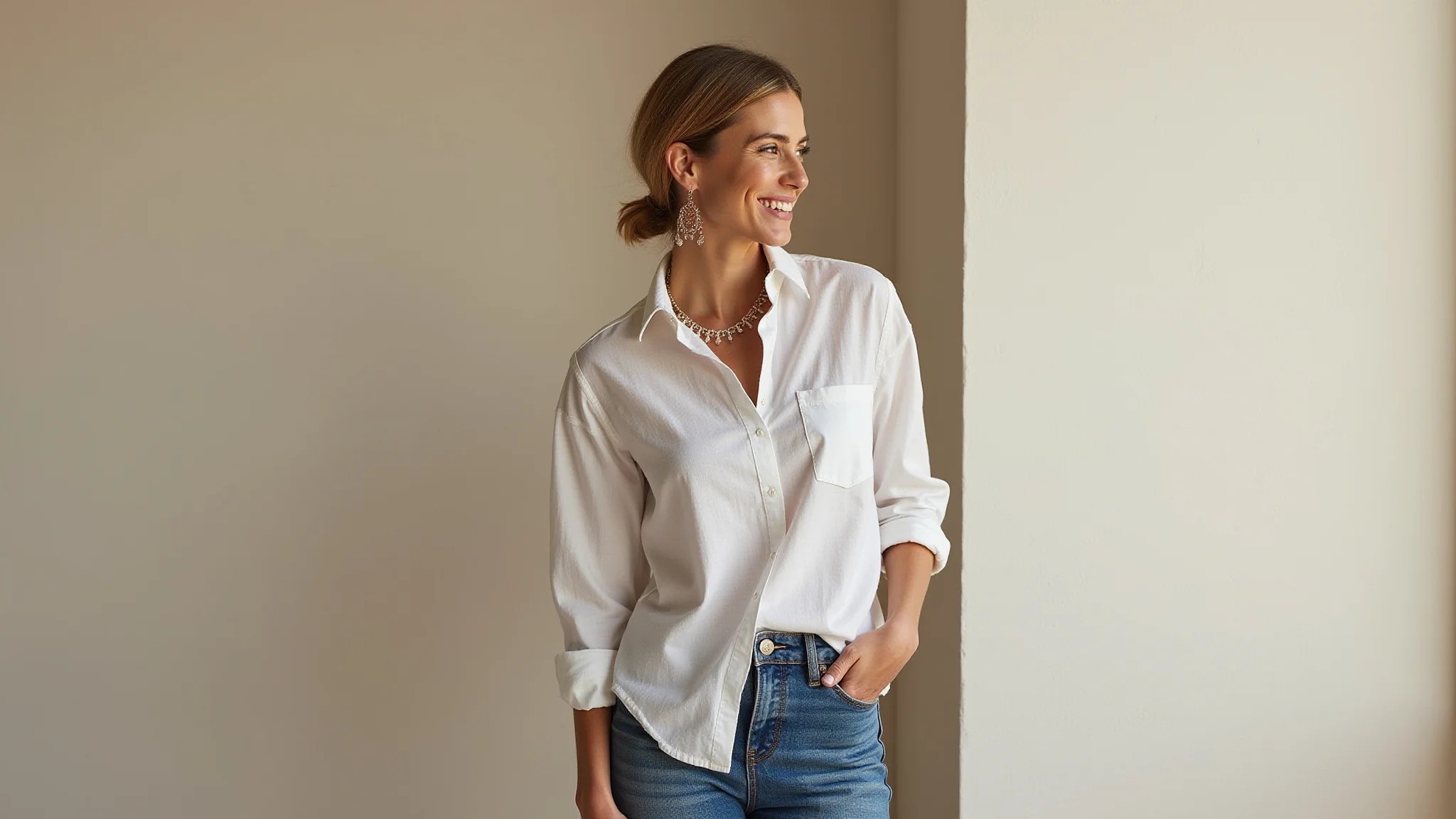 Camisa de linho casualmente combinada com jeans e acessórios, valorizando as rugas naturais.
