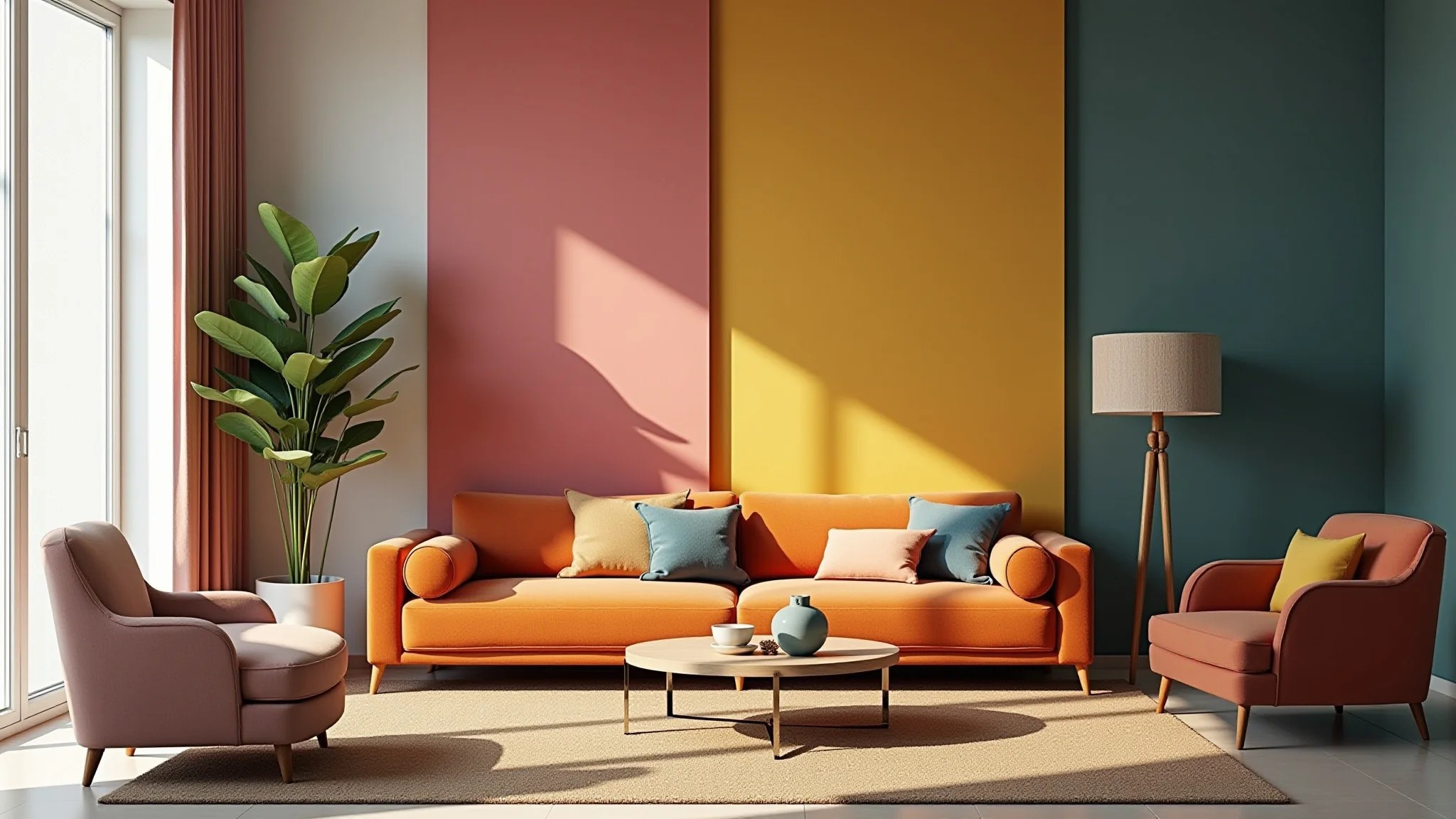 Esquema de cores para sala de estar com paredes neutras e acessórios vibrantes.