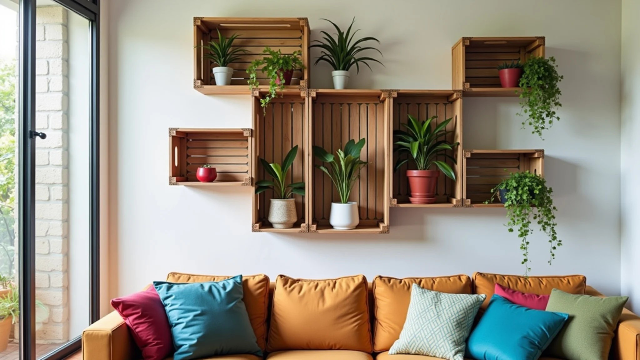 Estantes DIY com caixotes, plantas e almofadas coloridas em sala de estar.
