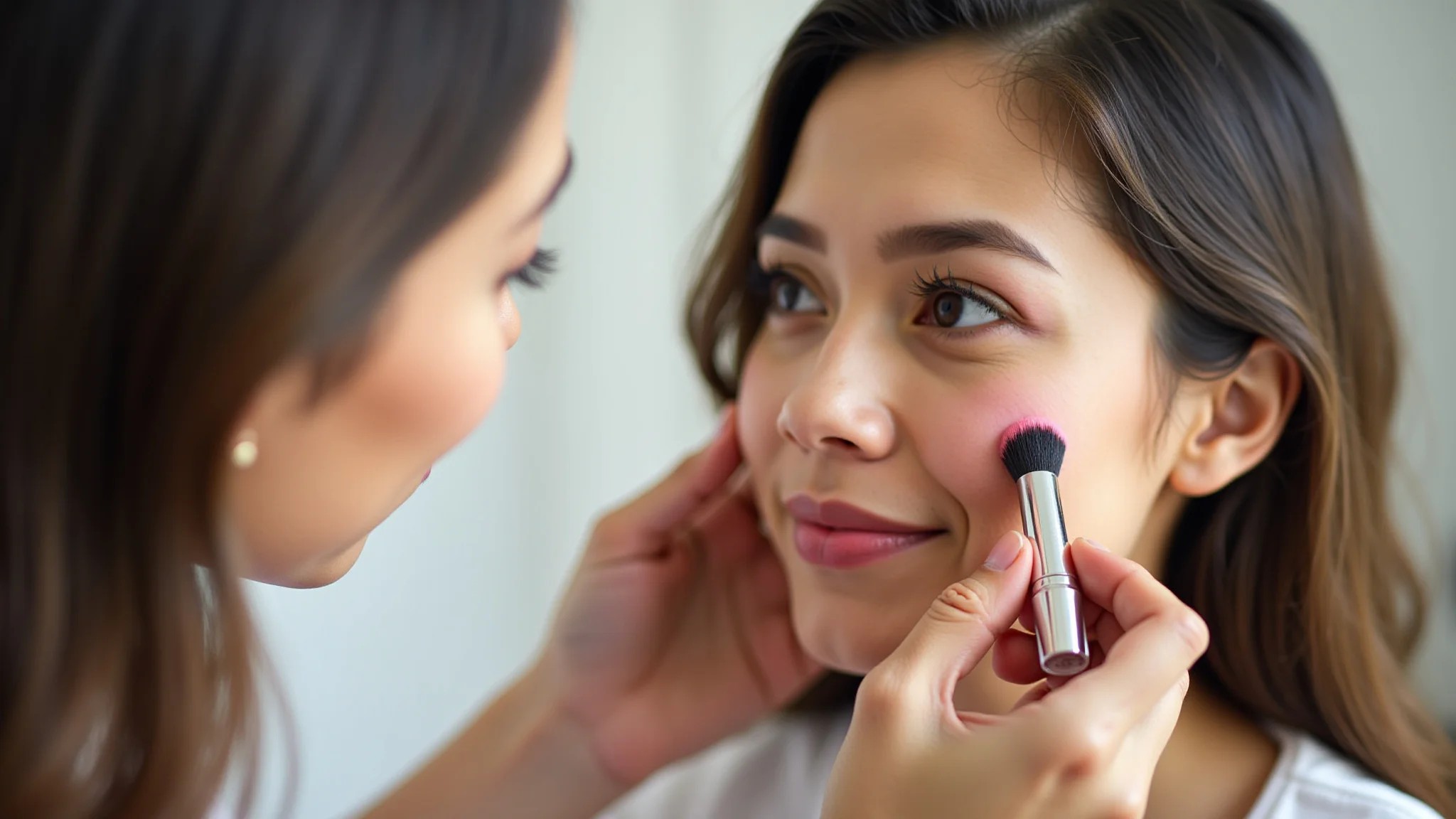 Maquiador aplicando blush em modelo com pincel, pele radiante e maquiagem profissional.