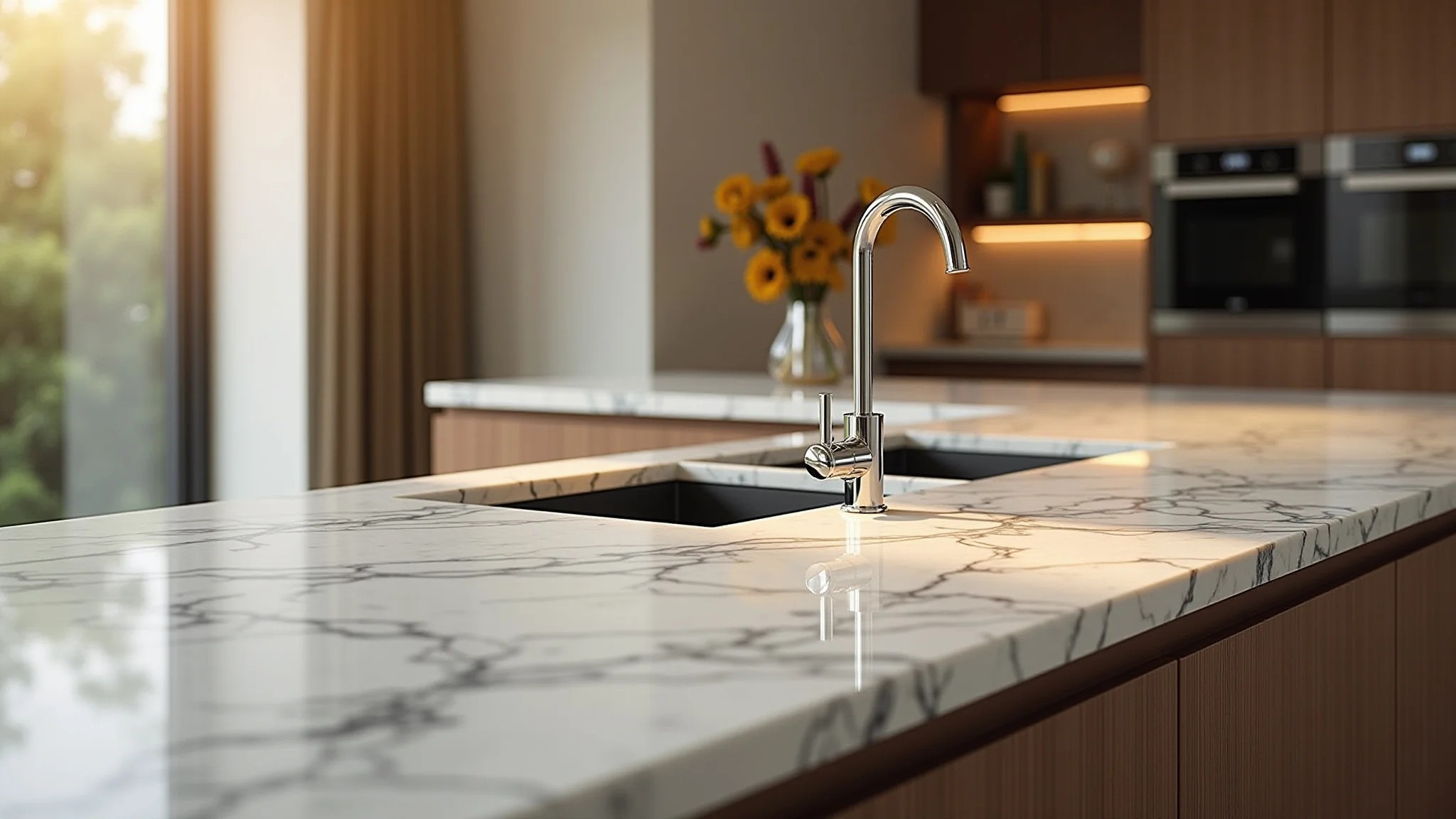 Bancada de mármore em L com decoração elegante em cozinha com design brasileiro.