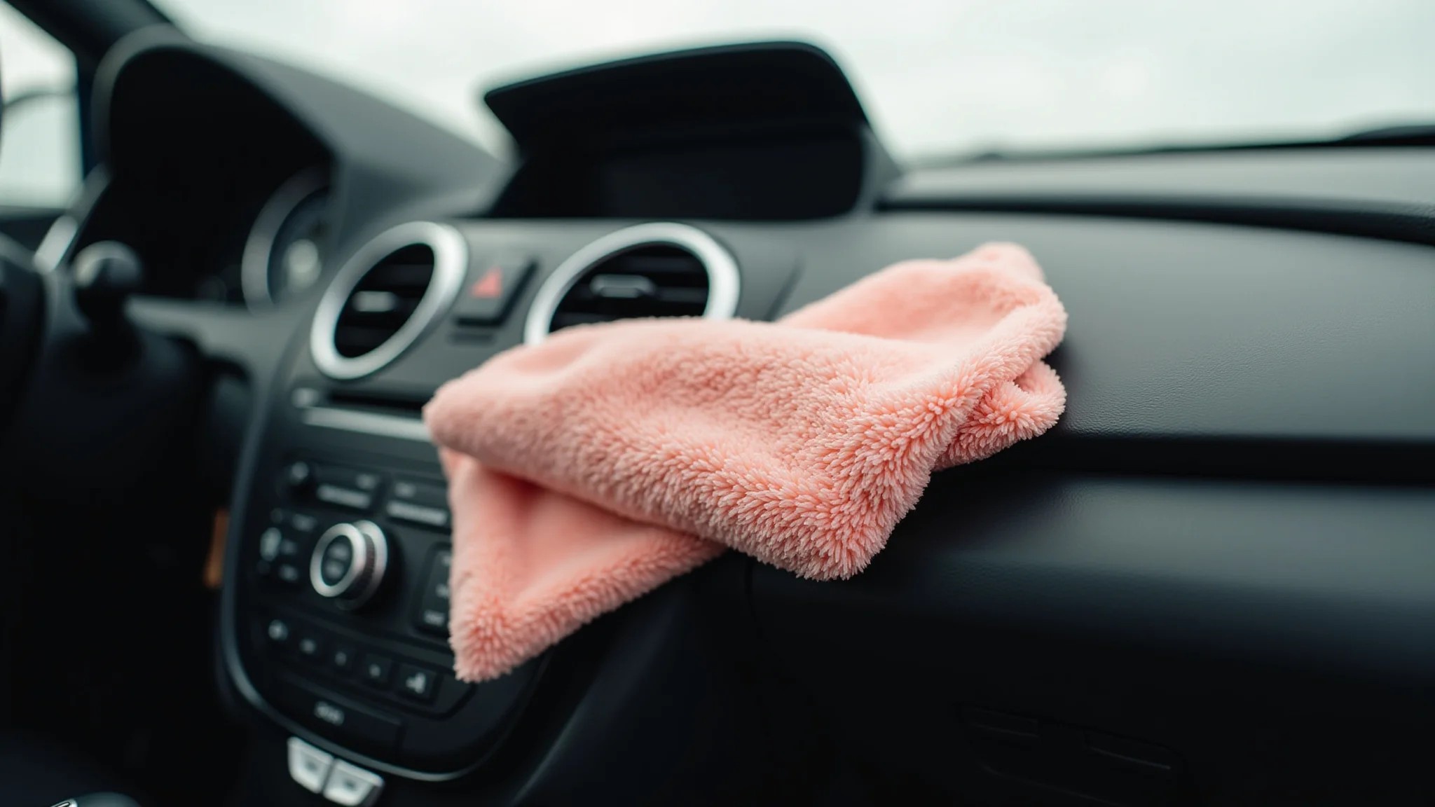 Flanela de microfibra sendo usada para limpar o painel de um carro.