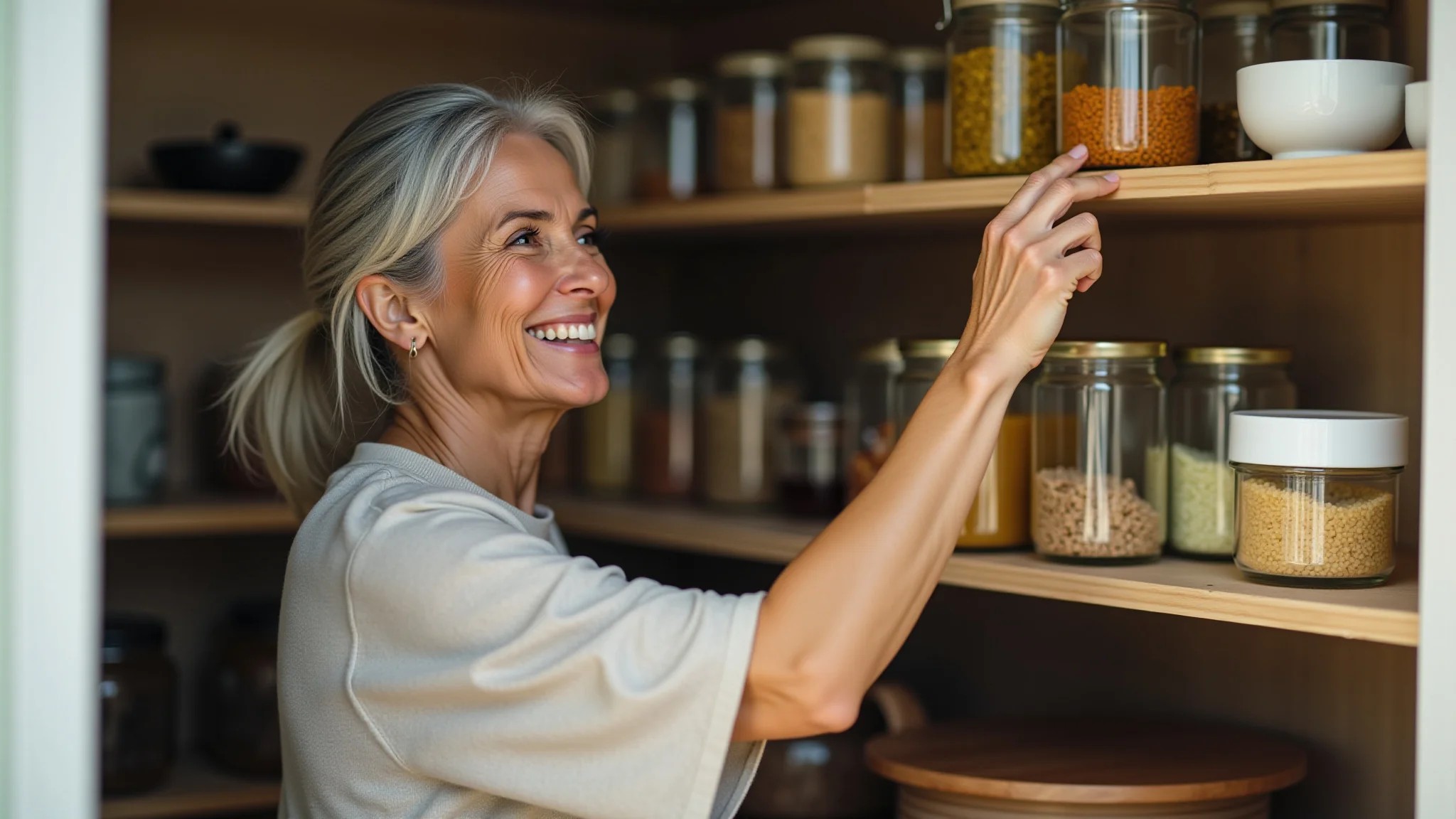 Mulher brasileira sorrindo ao pegar ingrediente em despensa organizada.