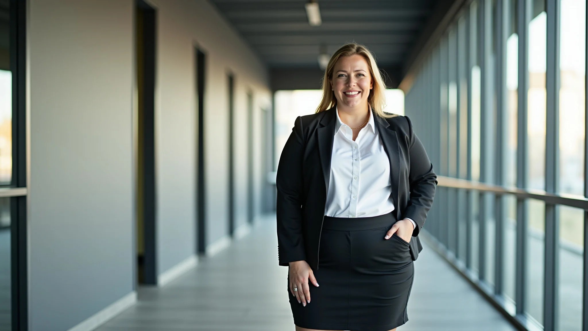 Mulher plus size usando mini saia de alfaiataria em ambiente de trabalho moderno.