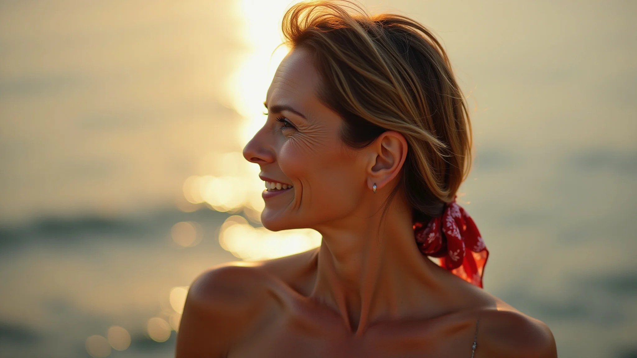 Mulher brasileira de meia-idade com lenço de seda amarrado em rabo de cavalo baixo, estilo elegante.