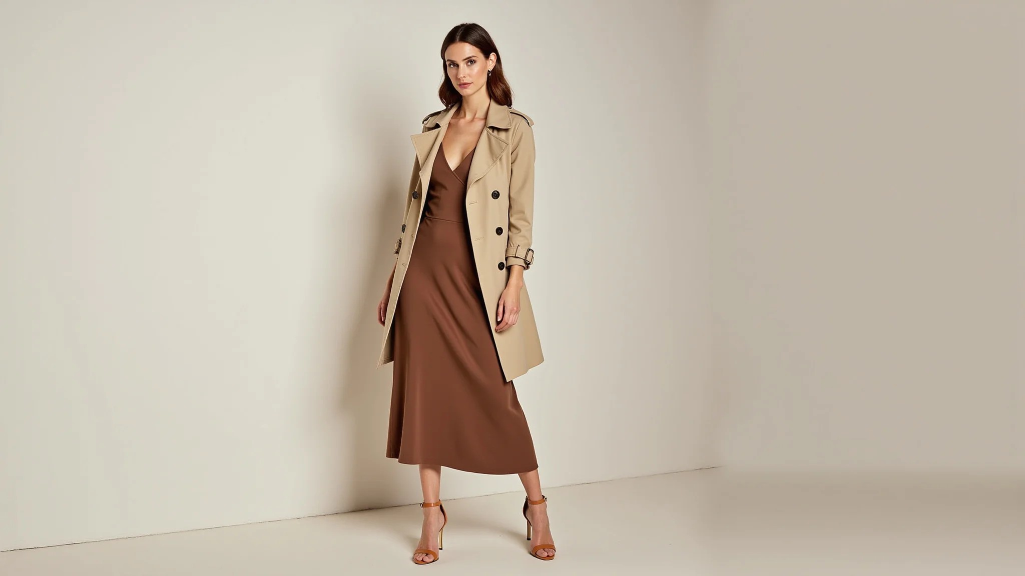 Look elegante com vestido midi e trench coat de cor neutra, salto alto e acessórios.