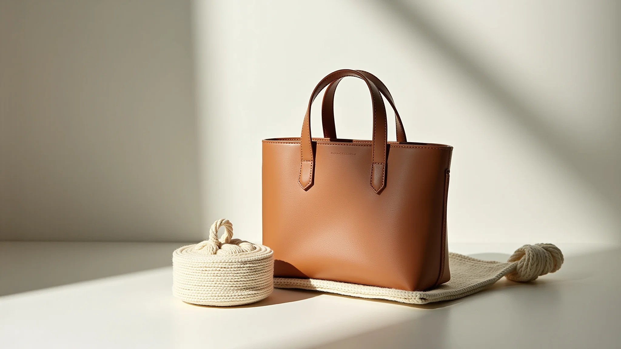 Mini bag feita com materiais sustentáveis exibida em um cenário minimalista.