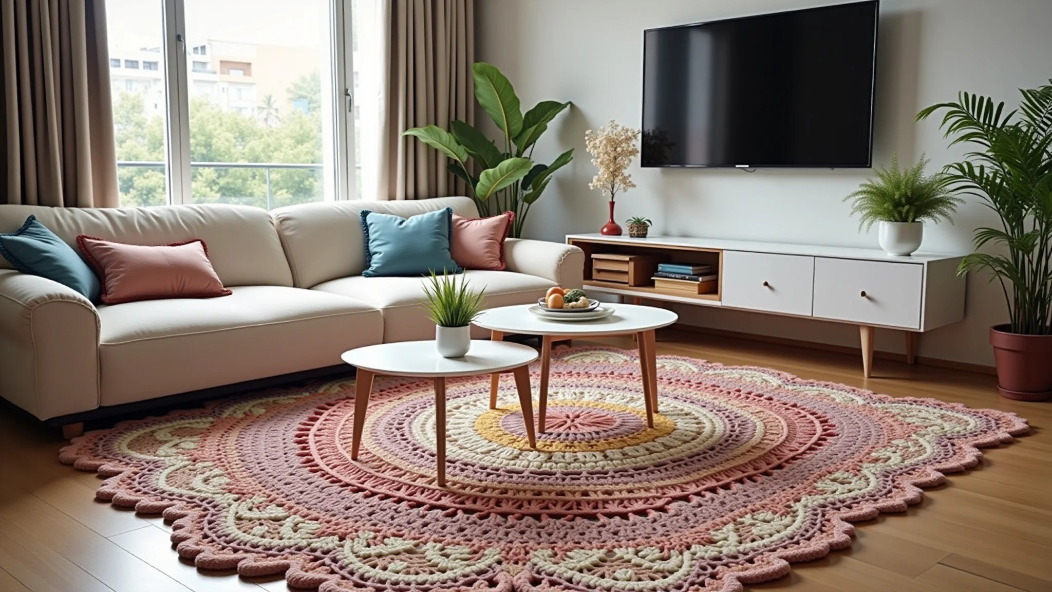Apartamento moderno com tapete de crochê floral e design brasileiro.