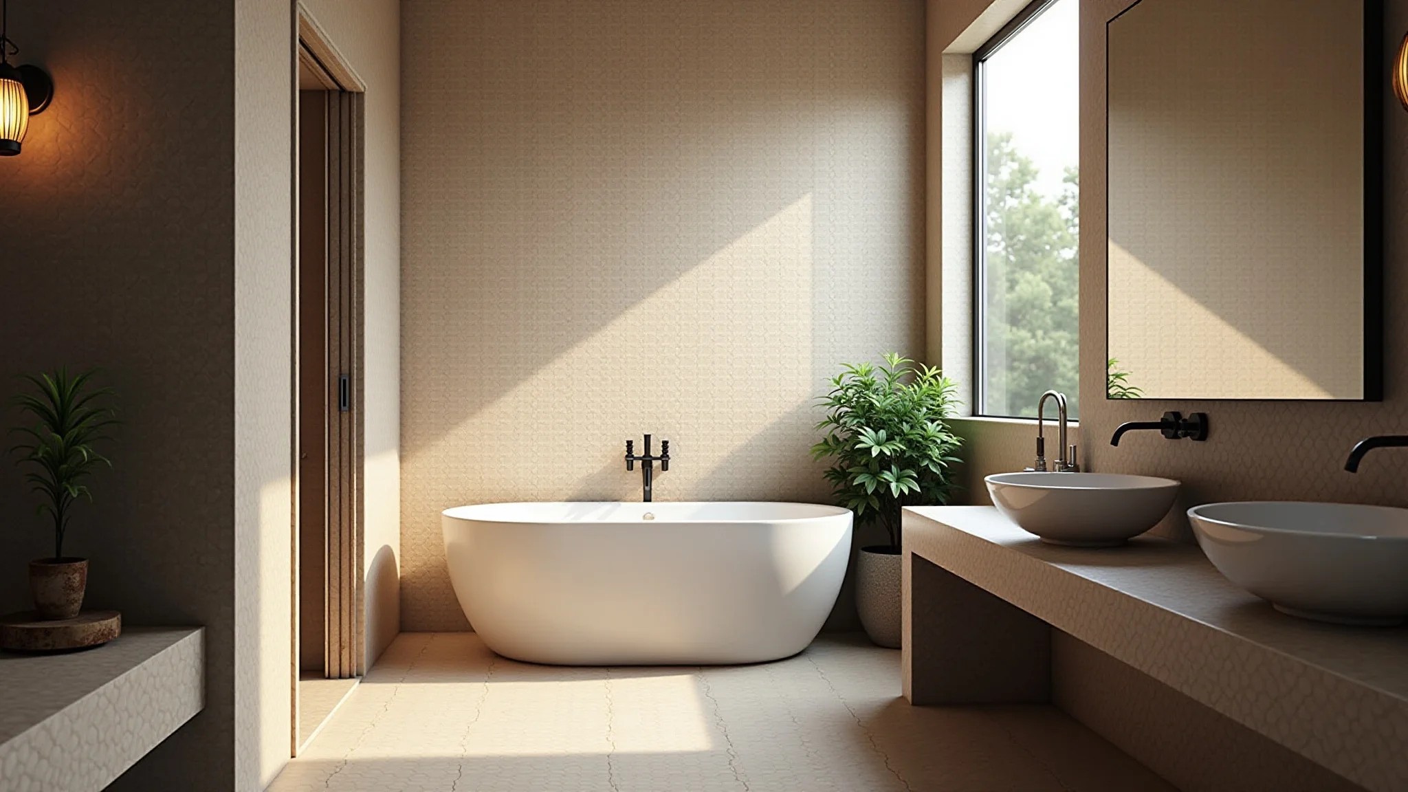 Banheiro moderno com azulejos hexagonais em tons terrosos, plantas e iluminação natural.