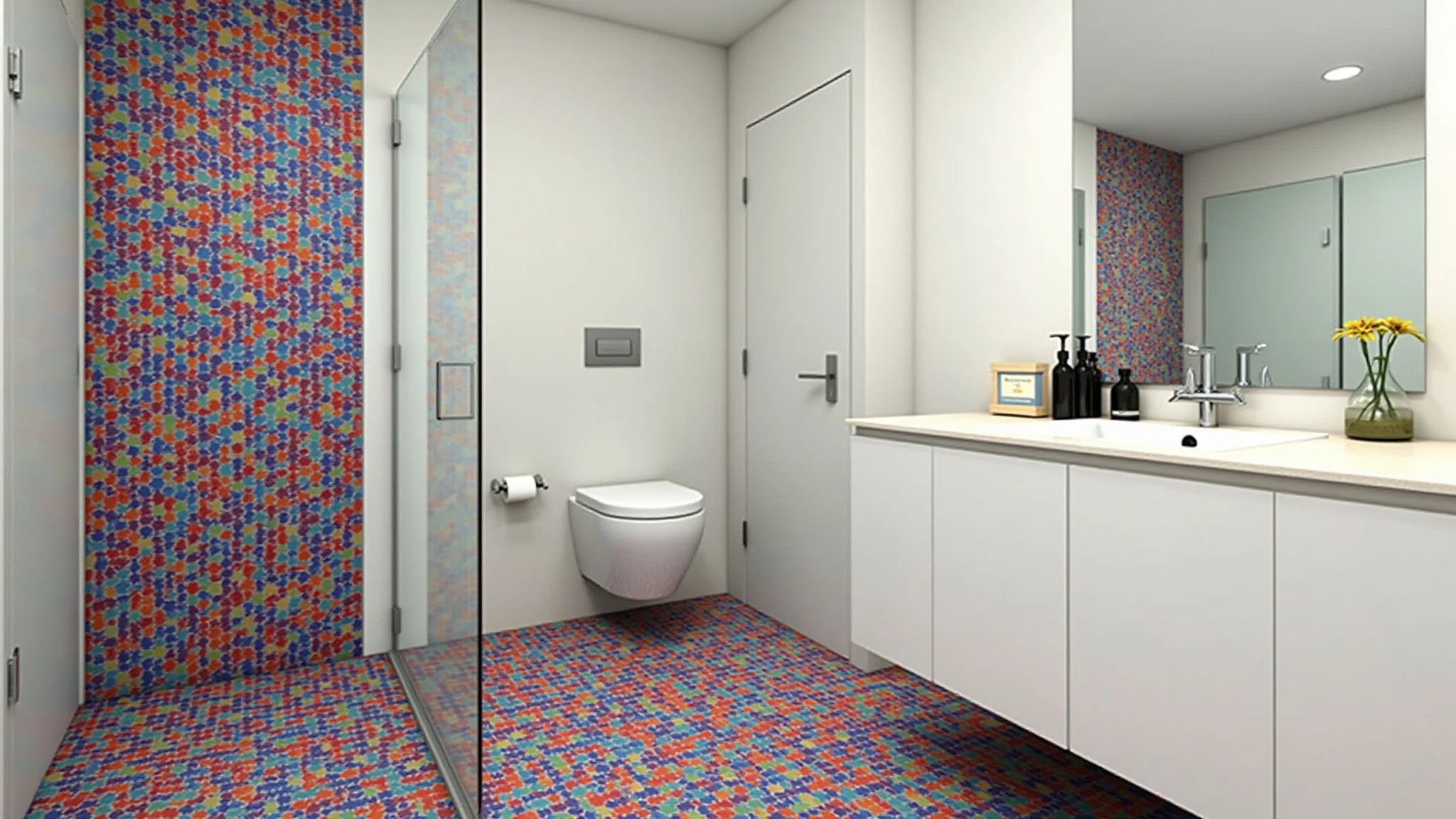Banheiro moderno com azulejos pintados com epóxi, fáceis de limpar.