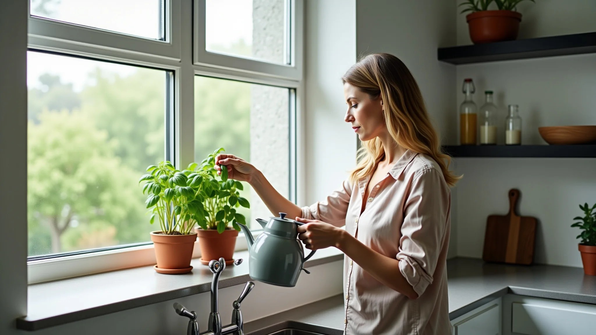 Cozinha moderna brasileira com mulher regando manjericão na janela, luz natural.