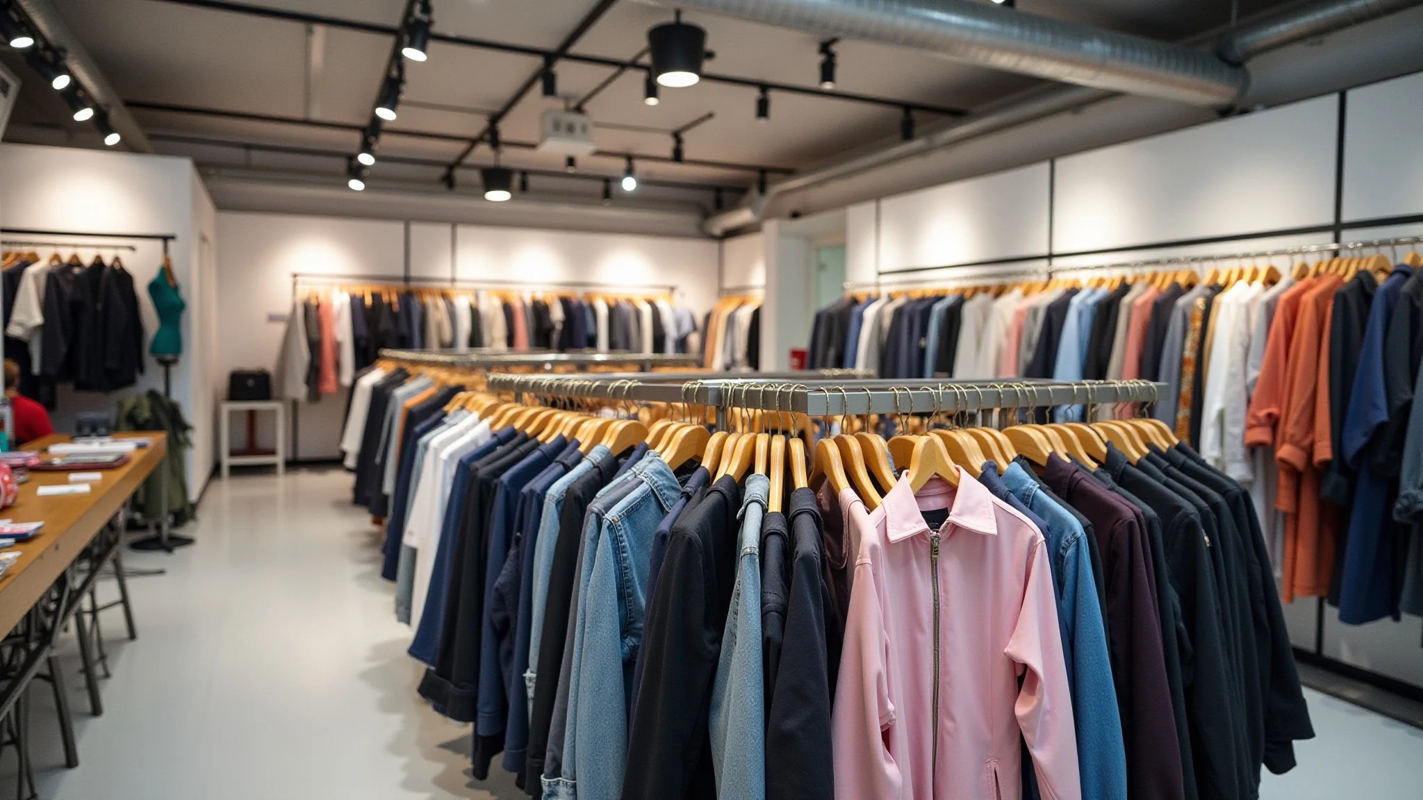 Exposição de serviço de aluguel de roupas, variedade de estilos.