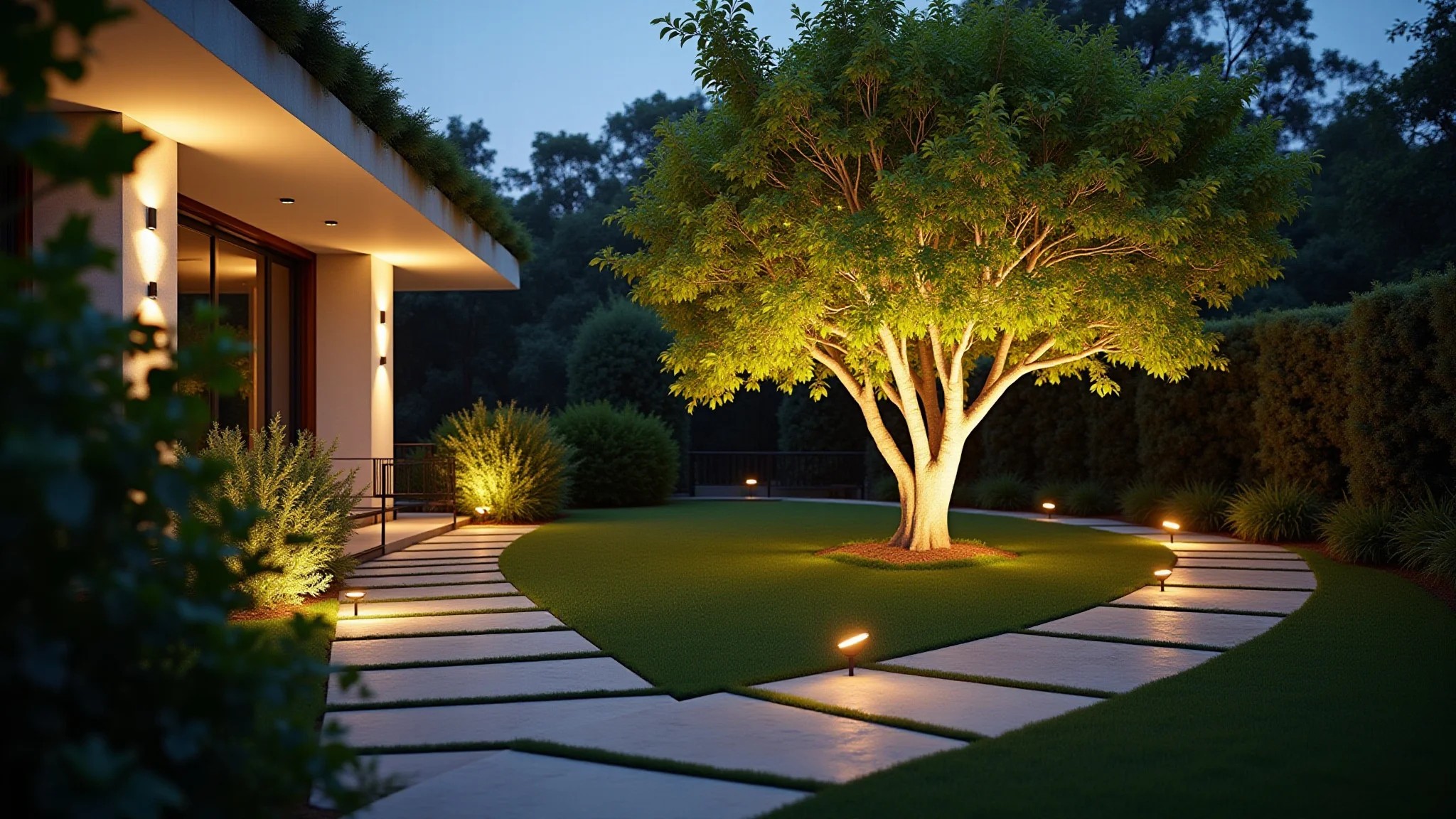 Jardim moderno com refletores destacando árvore, luz suave da hora dourada.