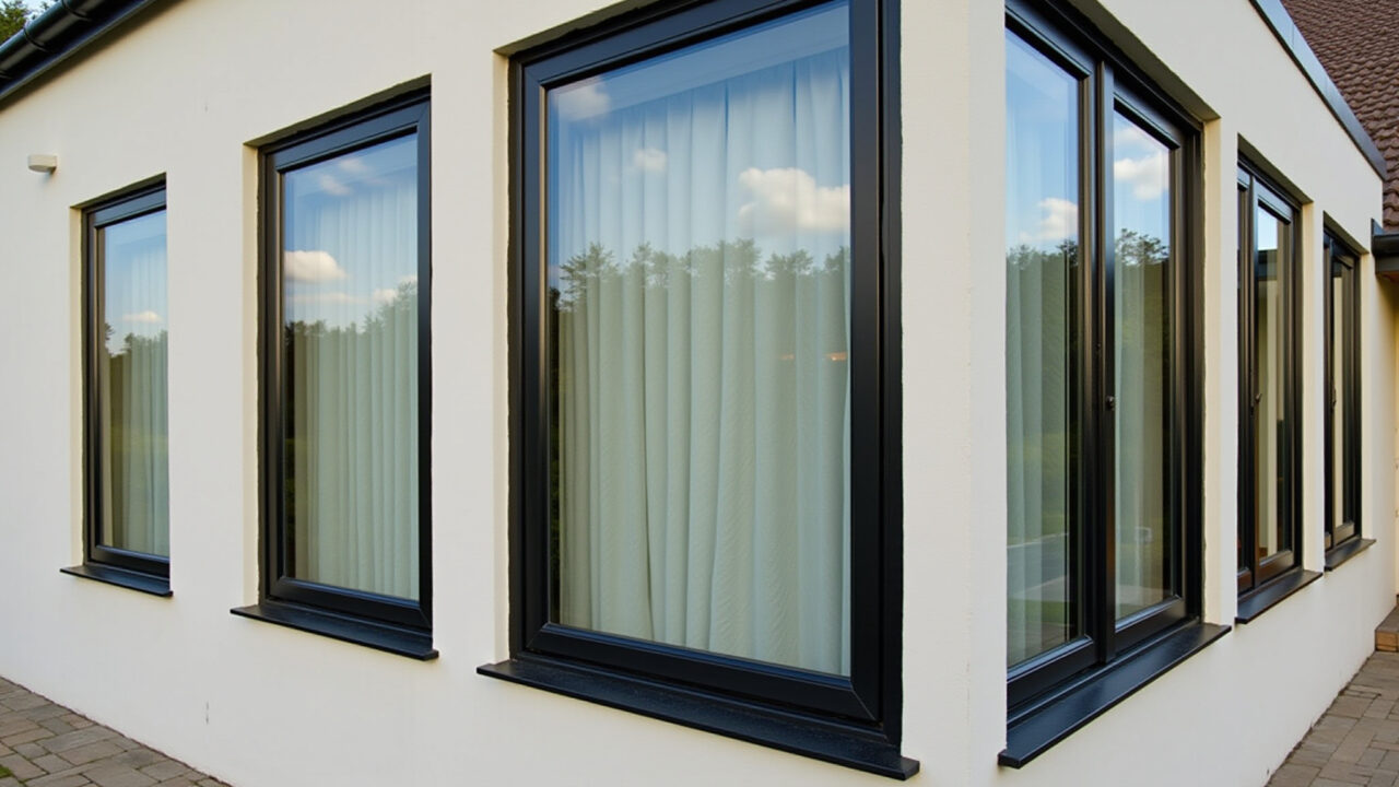 Fachada moderna com janelas de vidro laminado, segurança e vista clara.