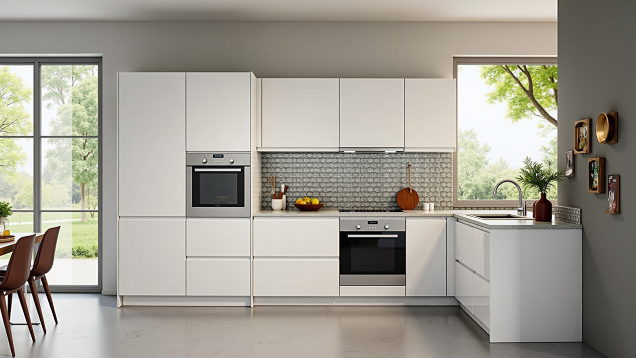 Cozinha moderna com porcelanato branco esmaltado e cores vibrantes.
